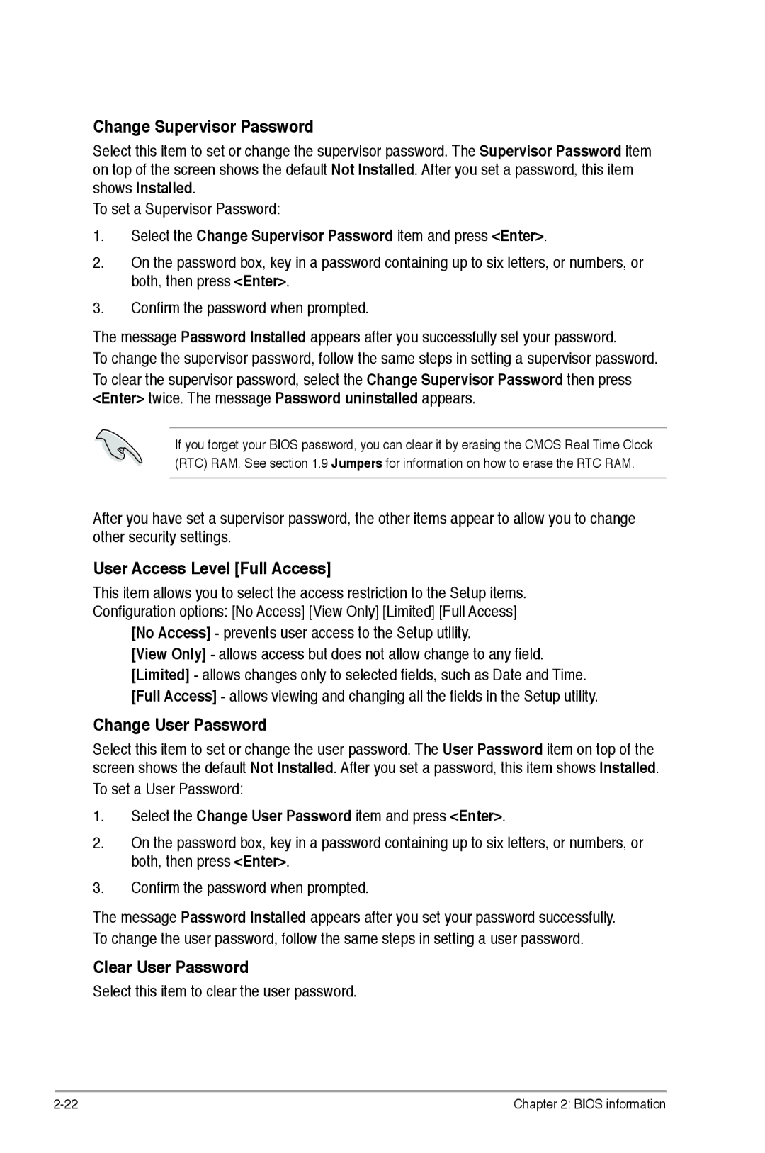 Asus p5p43t manual Change Supervisor Password, User Access Level Full Access, Change User Password, Clear User Password 