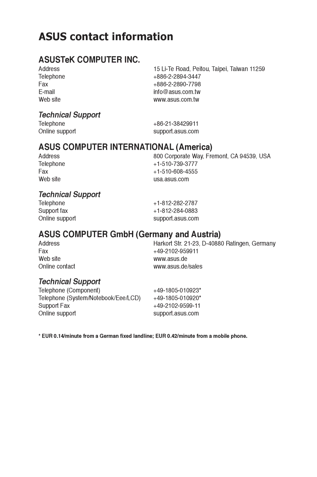 Asus p5p43t manual Asus contact information 