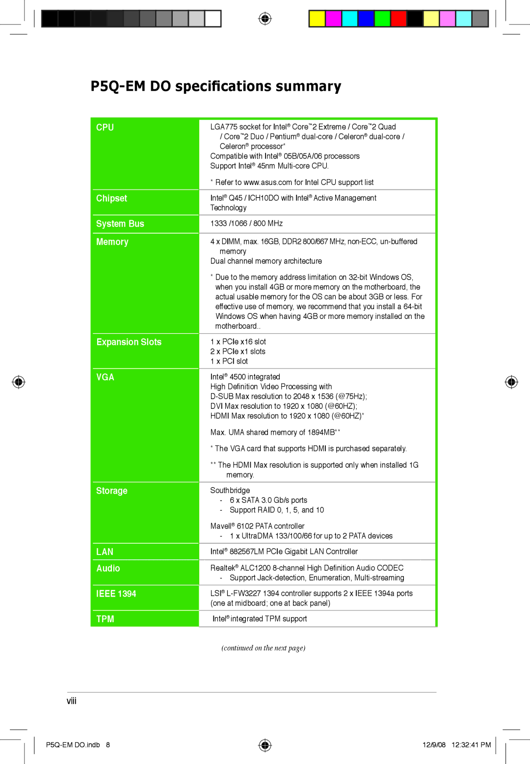 Asus P5Q-EM DO manual P5Q-EM do specifications summary, Tpm 