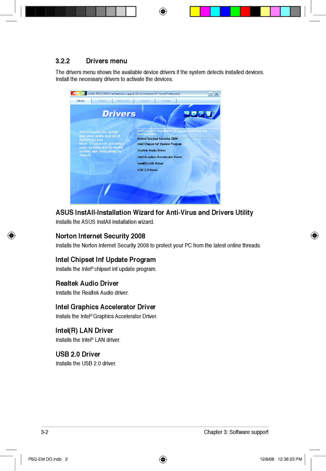 Asus P5Q-EM DO manual Drivers menu, Norton Internet Security, Intel Chipset Inf Update Program, Realtek Audio Driver 