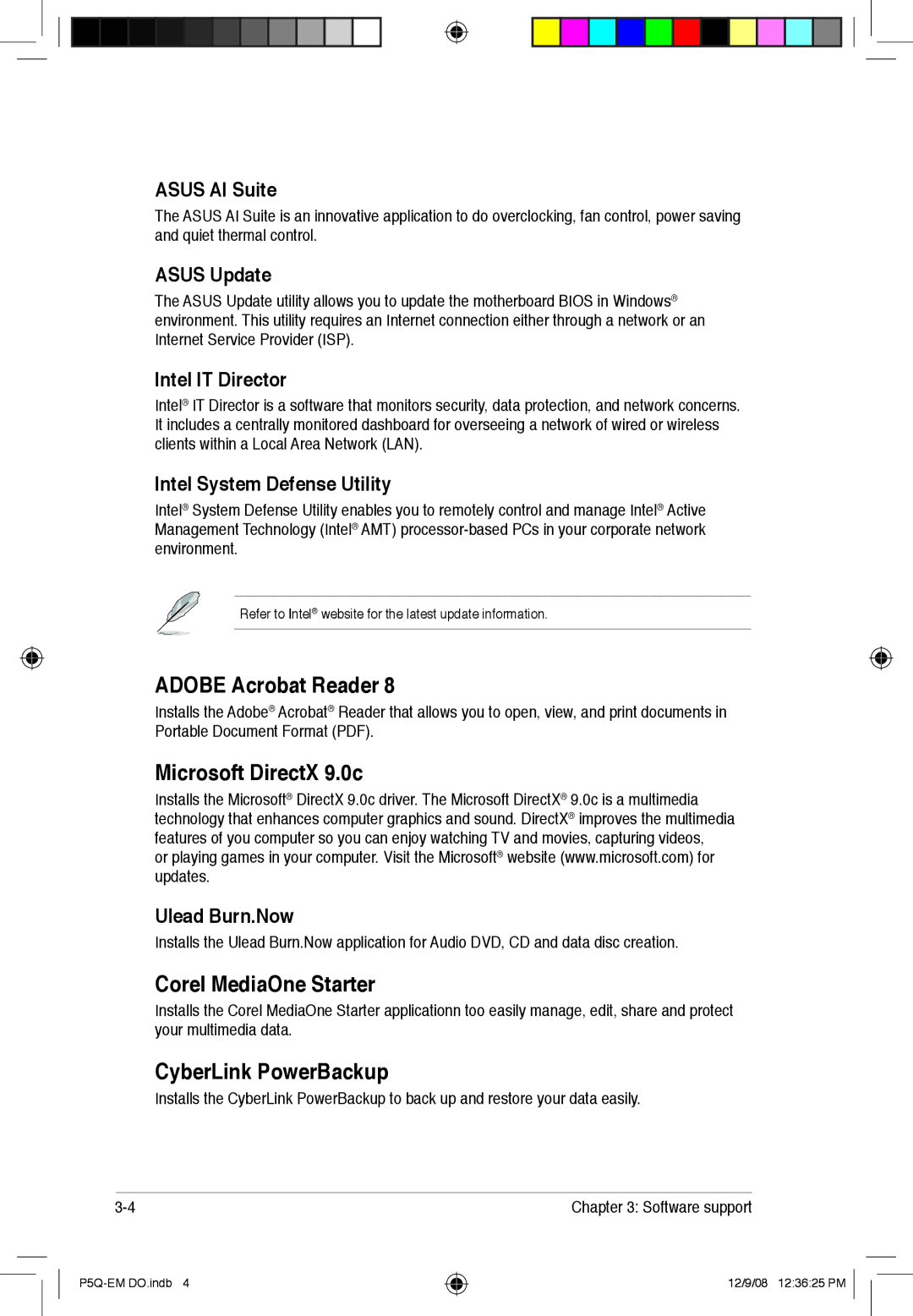 Asus P5Q-EM DO manual Asus AI Suite, Asus Update, Intel IT Director, Intel System Defense Utility, Ulead Burn.Now 