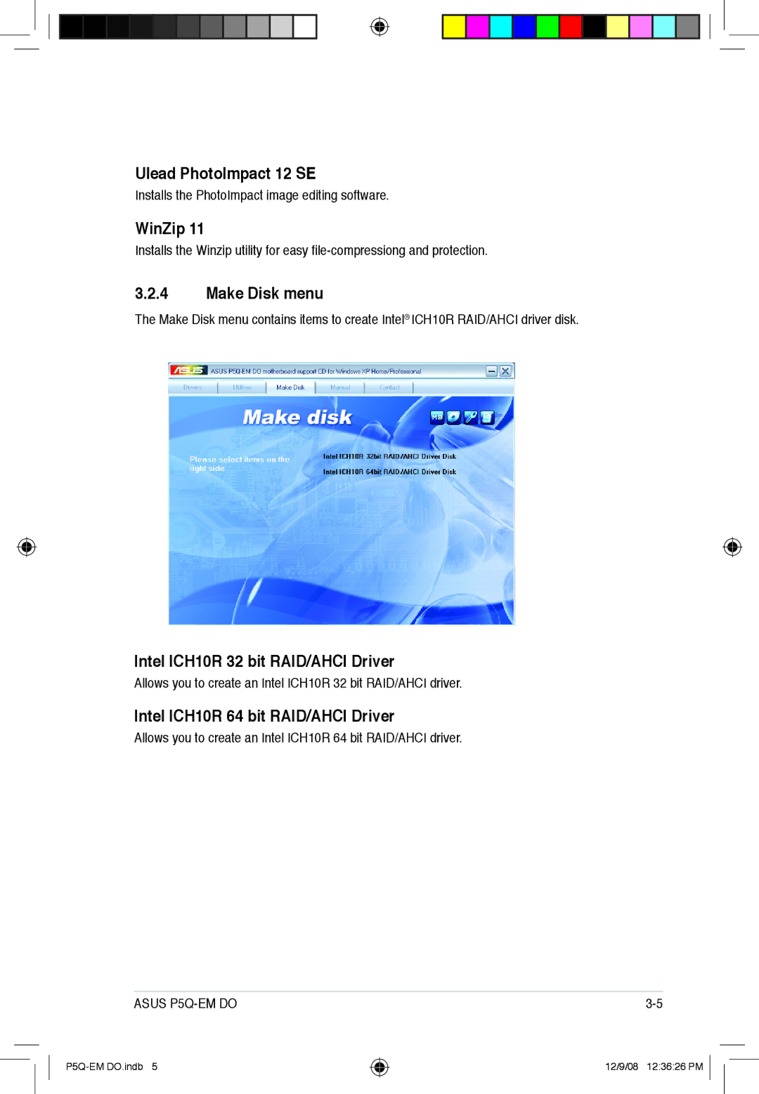 Asus P5Q-EM DO manual Ulead PhotoImpact 12 SE, WinZip, Make Disk menu, Intel ICH10R 32 bit RAID/AHCI Driver 