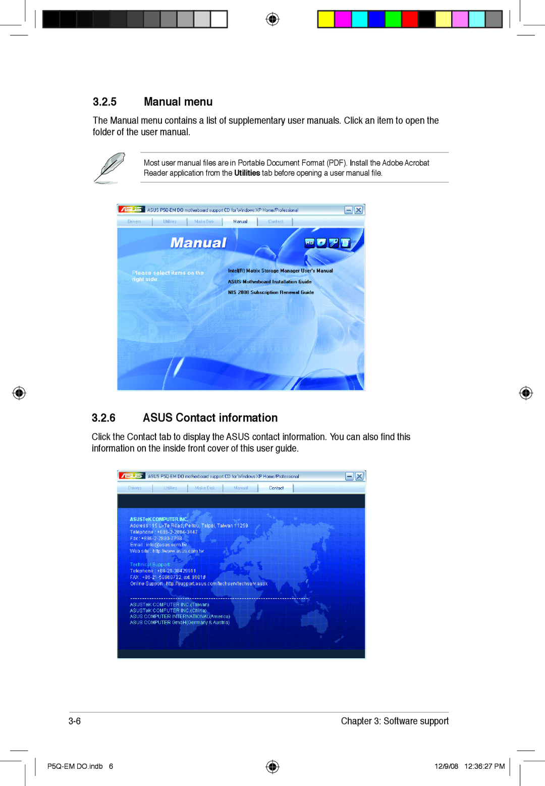 Asus P5Q-EM DO manual Manual menu Asus Contact information 