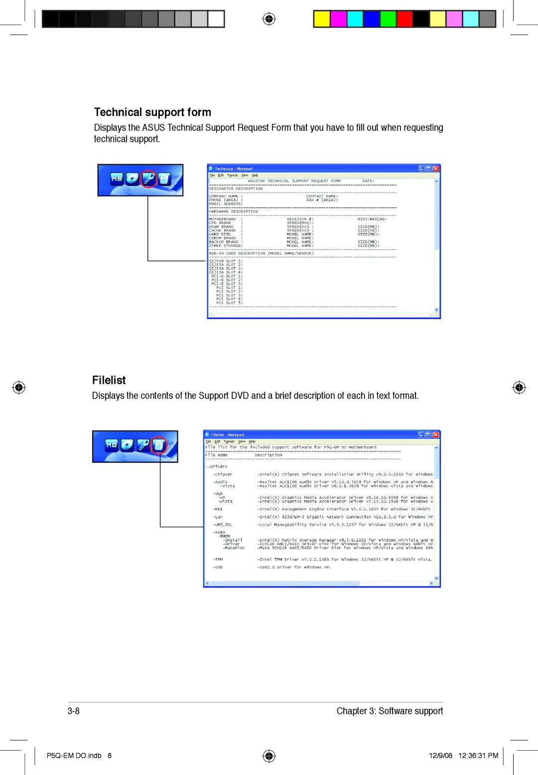 Asus P5Q-EM DO manual Technical support form, Filelist 