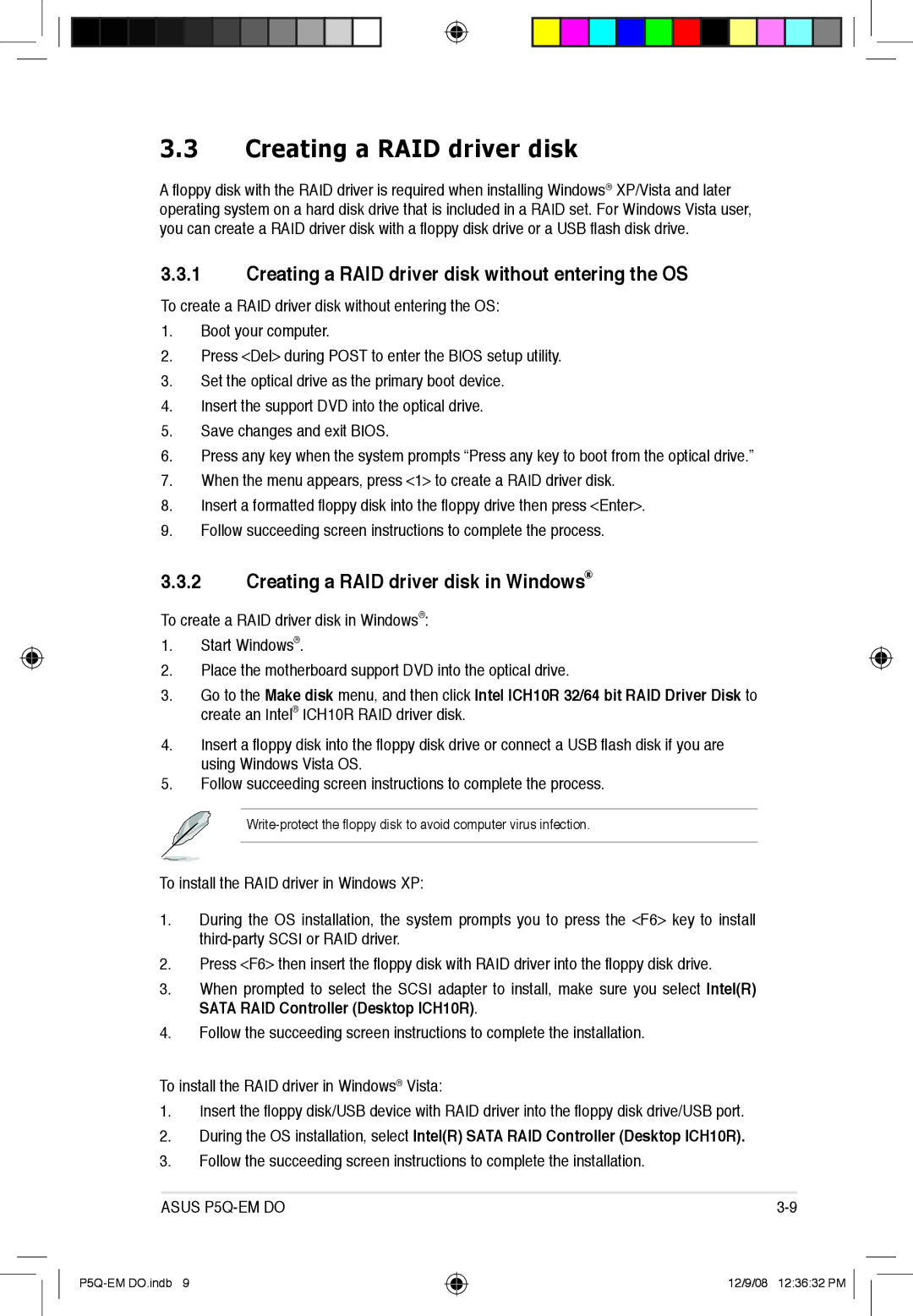 Asus P5Q-EM DO manual Creating a RAID driver disk without entering the OS, Creating a RAID driver disk in Windows 