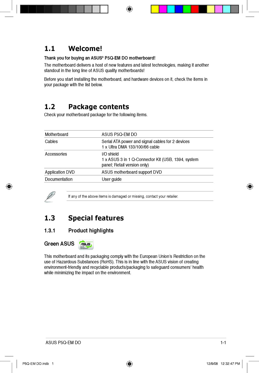 Asus P5Q-EM DO manual Welcome, Package contents, Special features 