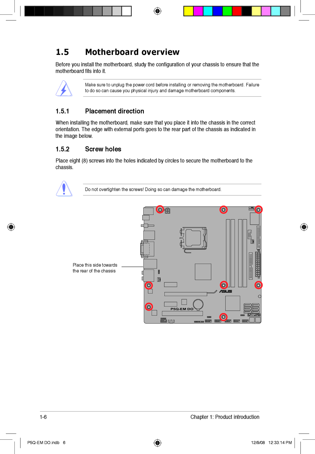 Asus P5Q-EM DO manual Motherboard overview, Placement direction, Screw holes 