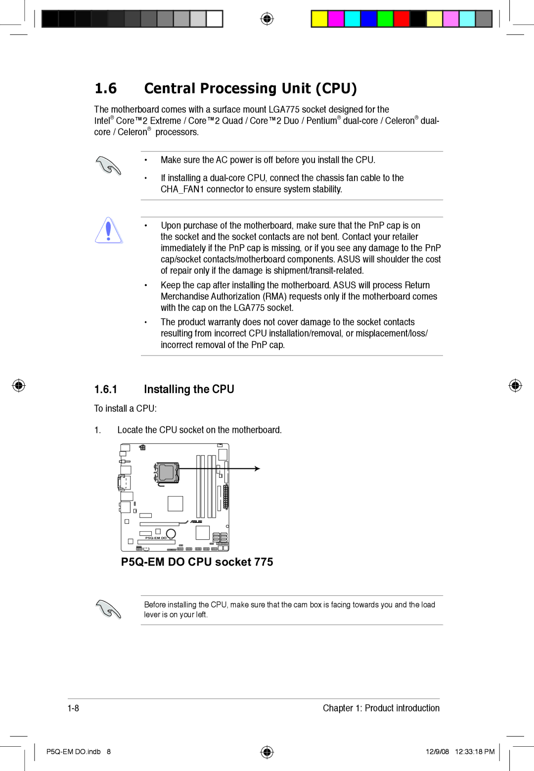 Asus P5Q-EM DO manual Central Processing Unit CPU, Installing the CPU 