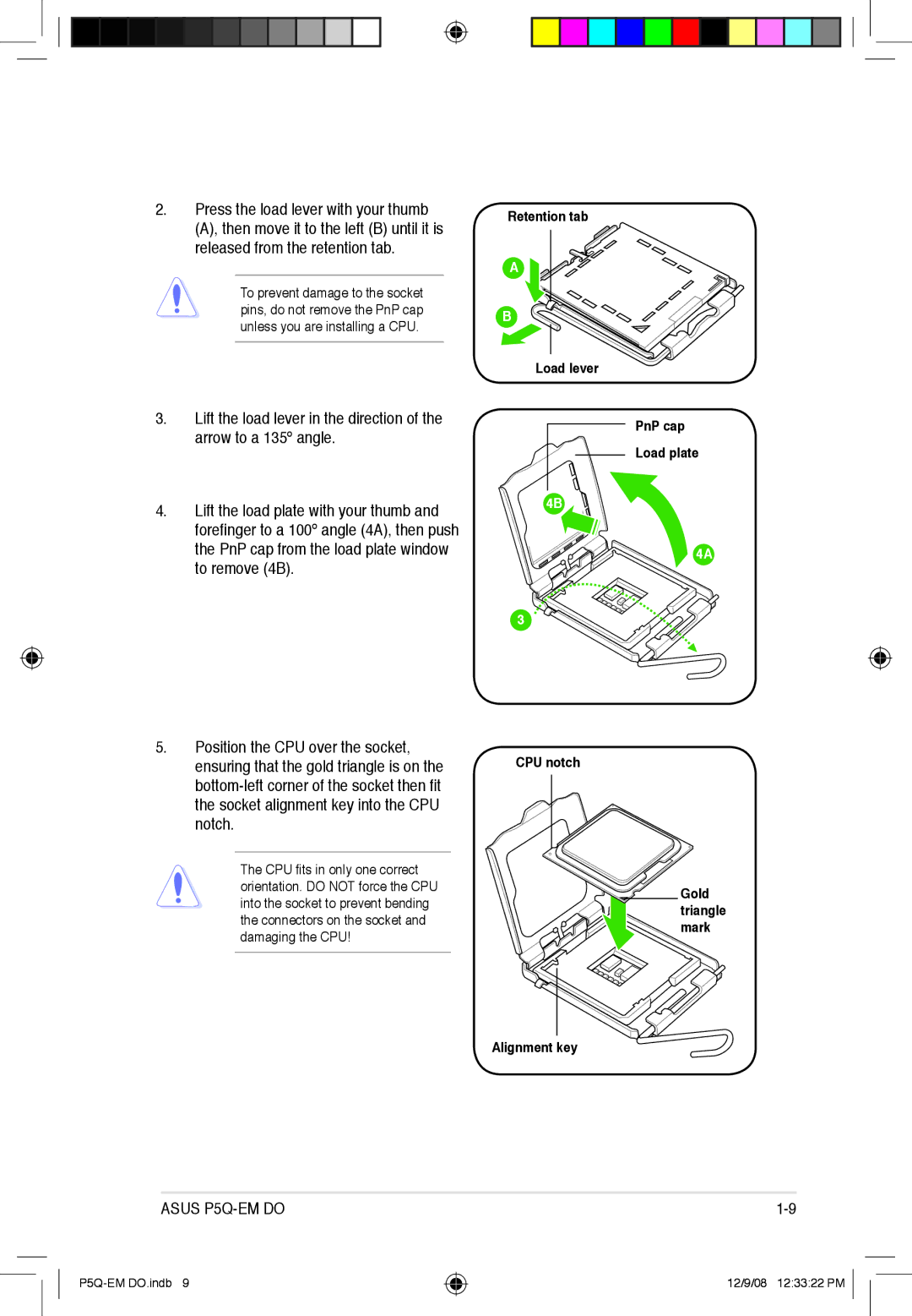 Asus P5Q-EM DO manual Lift the load lever in the direction 