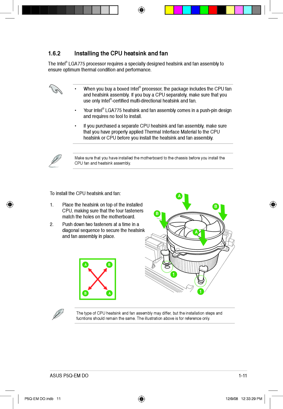 Asus P5Q-EM DO manual Installing the CPU heatsink and fan, Fan assembly in place 