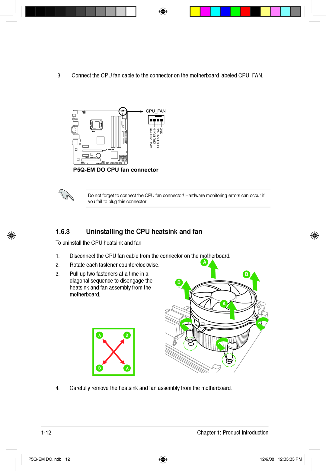 Asus P5Q-EM DO manual Uninstalling the CPU heatsink and fan, P5Q-EM do CPU fan connector 