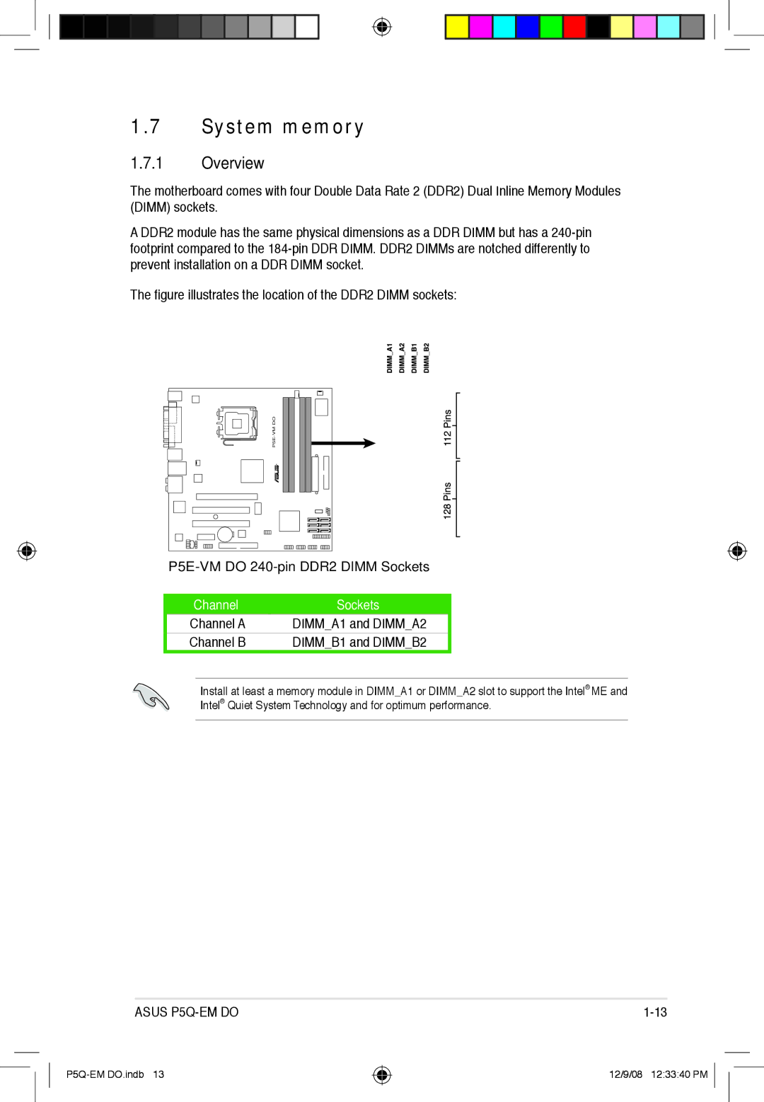 Asus P5Q-EM DO manual System memory, Overview, P5E-VM do 240-pin DDR2 Dimm Sockets 