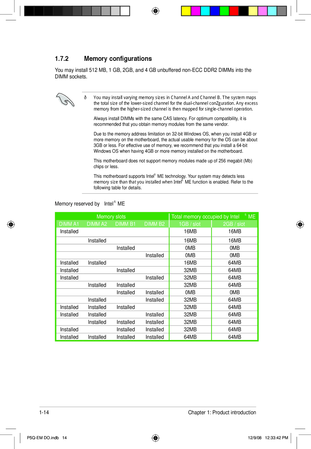 Asus P5Q-EM DO manual Memory configurations, Memory reserved by Intel ME 