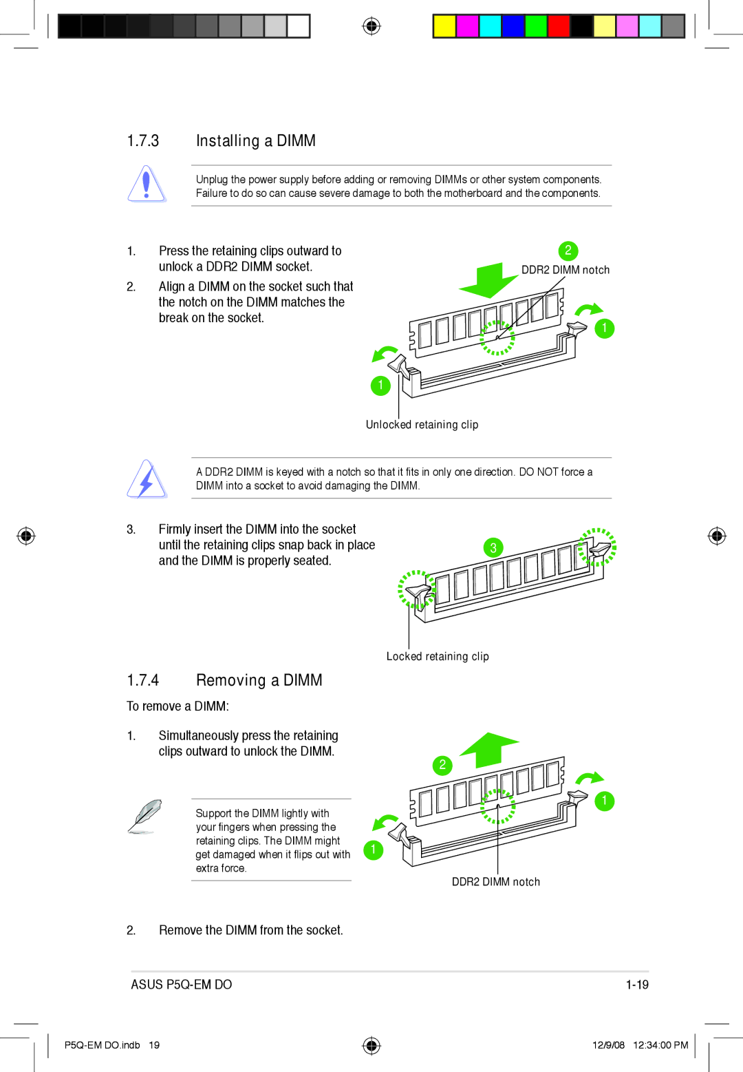Asus P5Q-EM DO manual Installing a Dimm, Removing a Dimm 