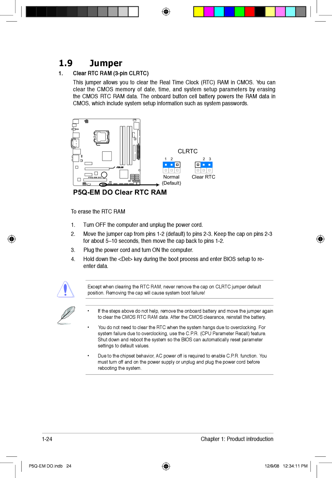 Asus P5Q-EM DO manual Jumper, Clear RTC RAM 3-pin Clrtc 