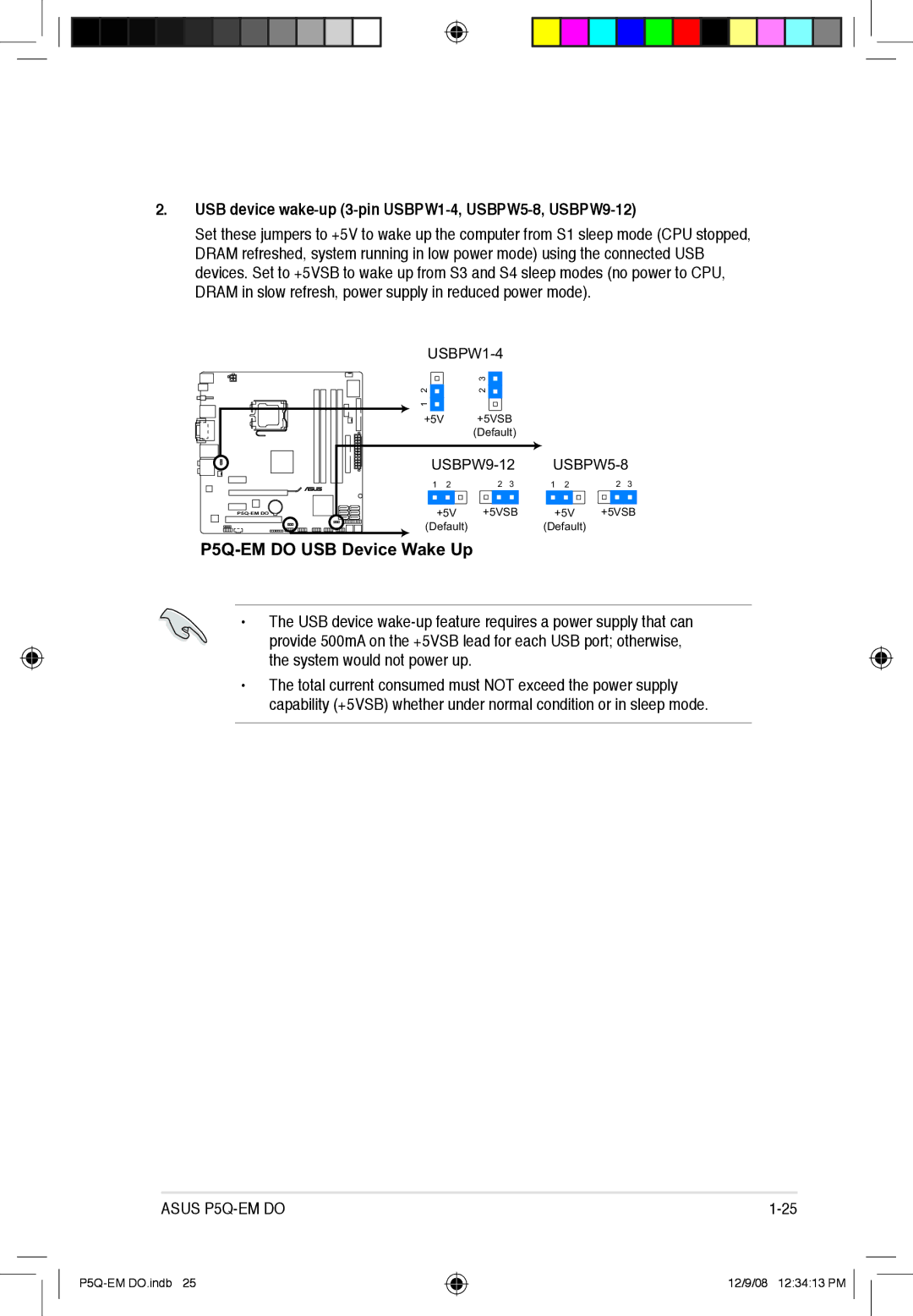 Asus P5Q-EM DO manual USB device wake-up 3-pin USBPW1-4, USBPW5-8, USBPW9-12, P5Q-EM do USB Device Wake Up 