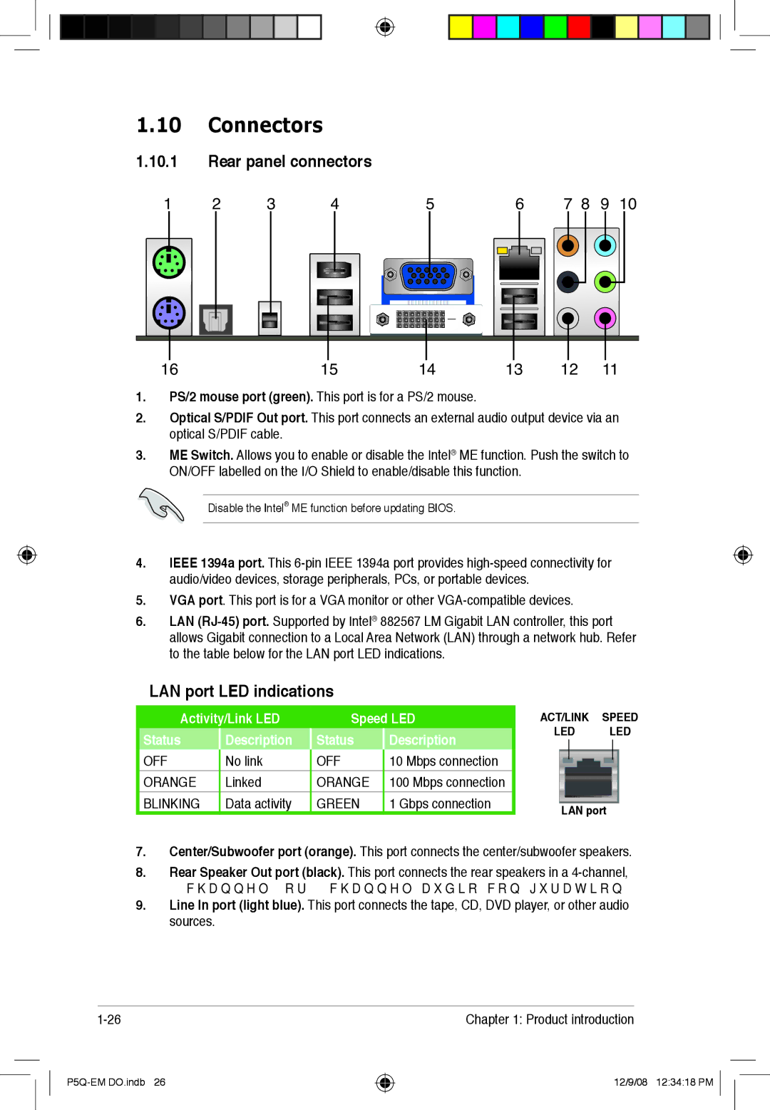 Asus P5Q-EM DO manual Connectors, Rear panel connectors, LAN port LED indications 