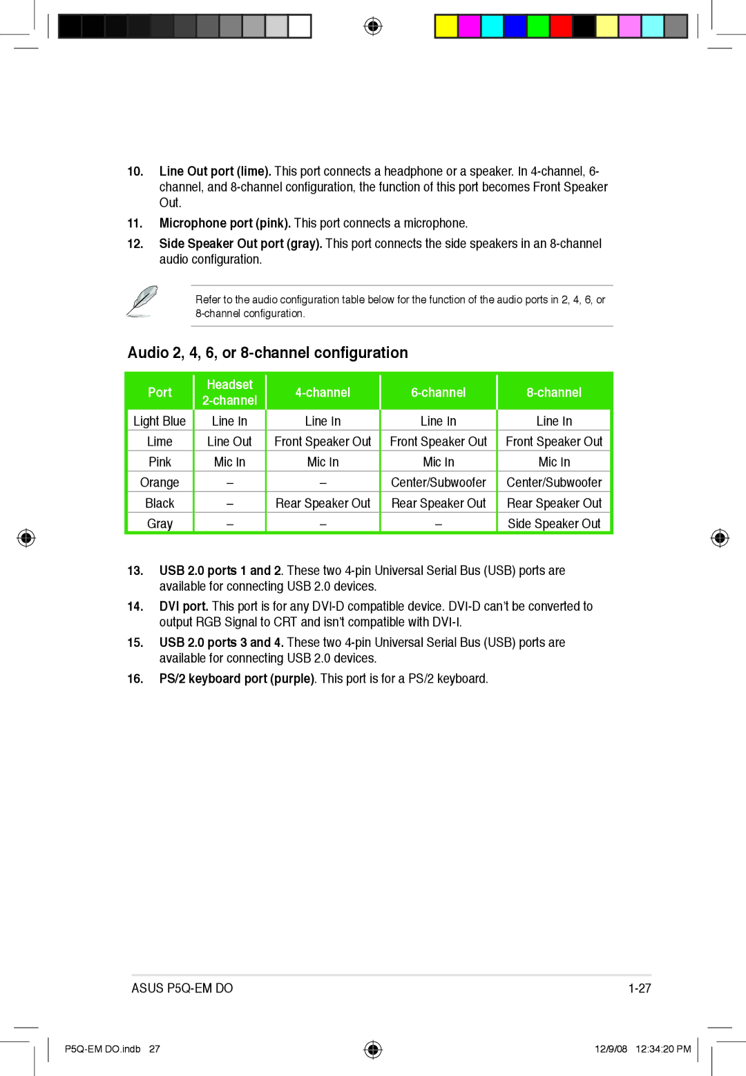 Asus P5Q-EM DO manual Audio 2, 4, 6, or 8-channel configuration 