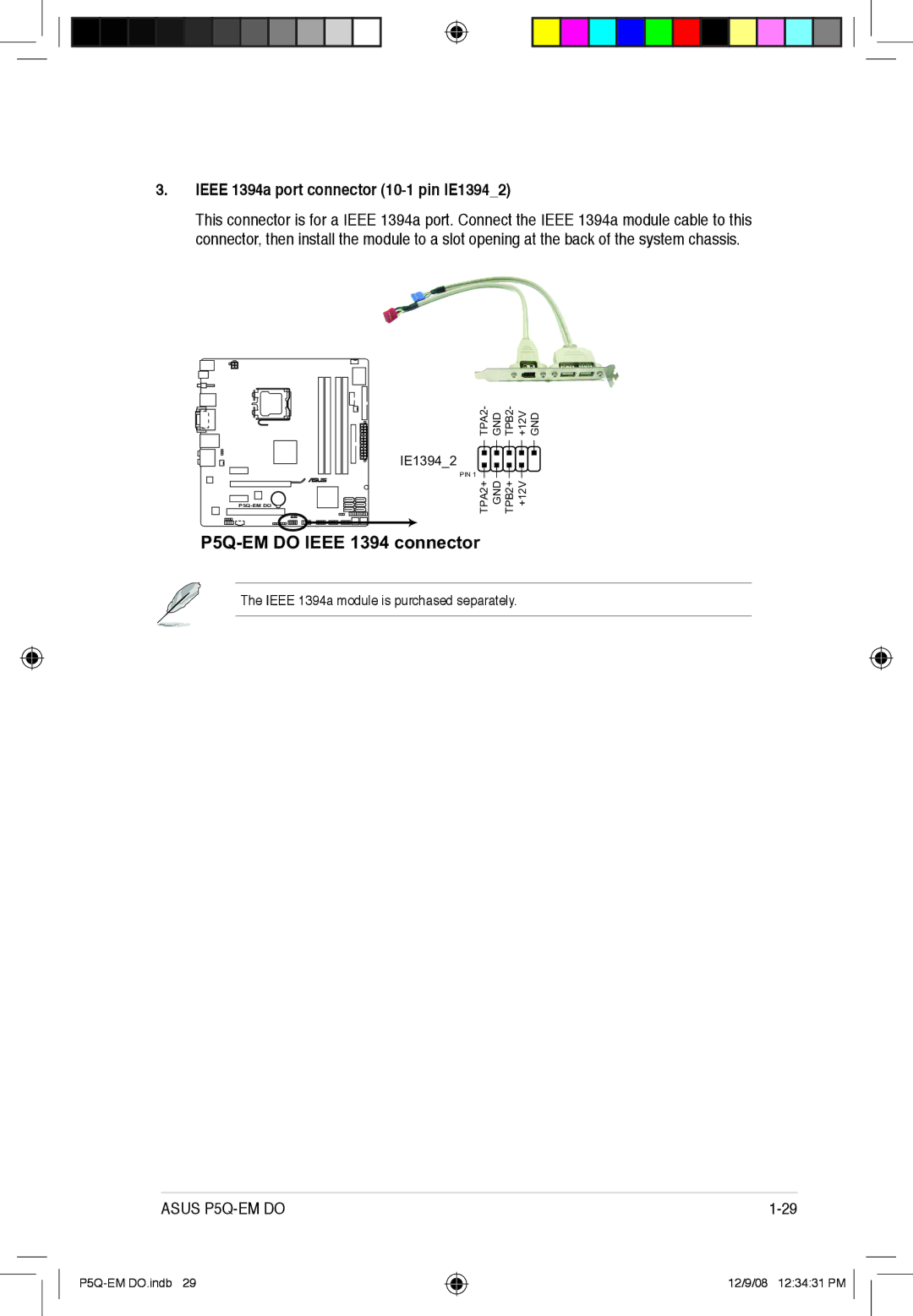 Asus P5Q-EM DO manual P5Q-EM do Ieee 1394 connector, Ieee 1394a port connector 10-1 pin IE13942 