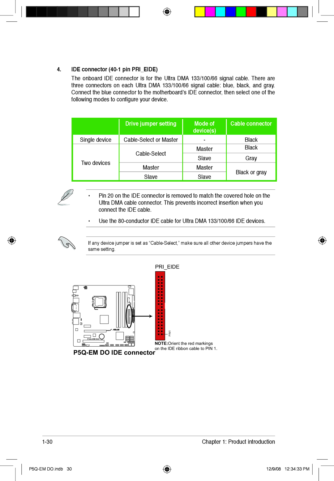 Asus P5Q-EM DO manual IDE connector 40-1 pin Prieide, Cable connector 