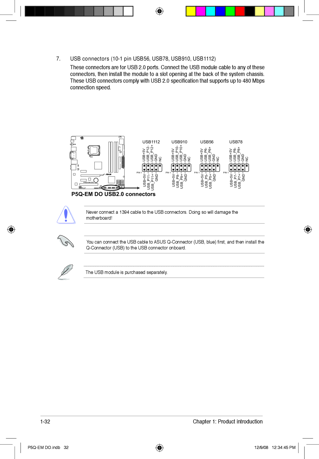 Asus P5Q-EM DO manual USB connectors 10-1 pin USB56, USB78, USB910, USB1112, USB56 USB78 