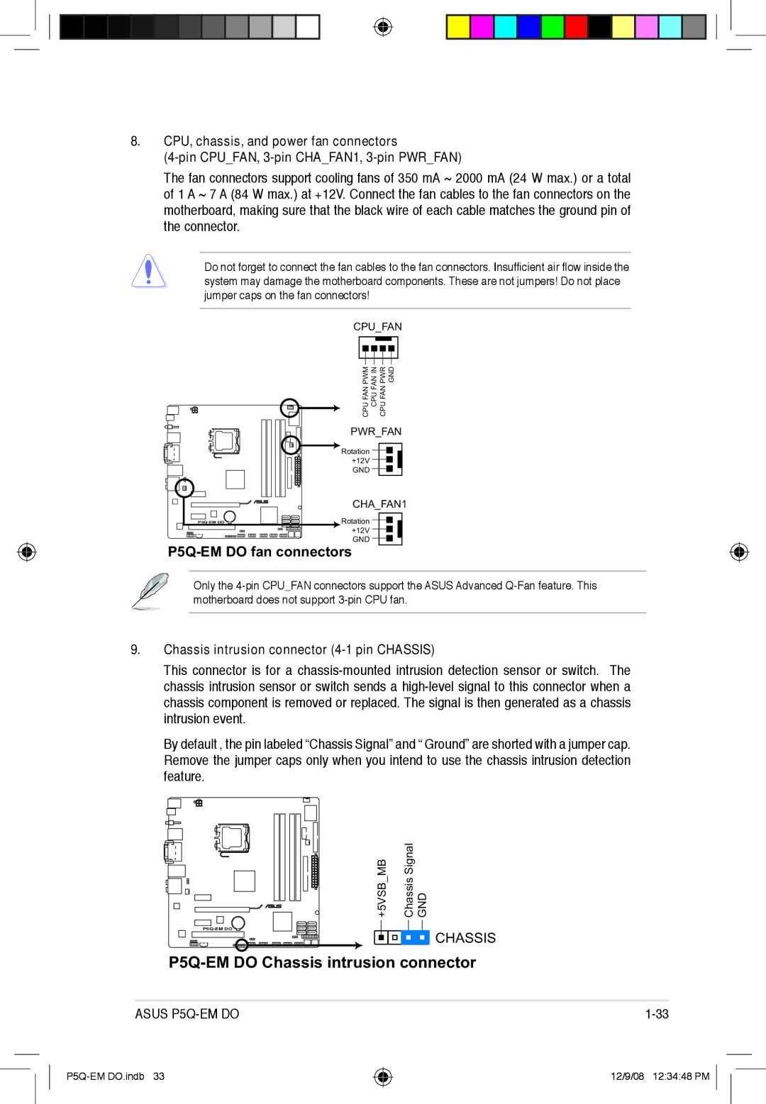 Asus P5Q-EM DO manual P5Q-EM do fan connectorsGND, Chassis intrusion connector 4-1 pin Chassis 