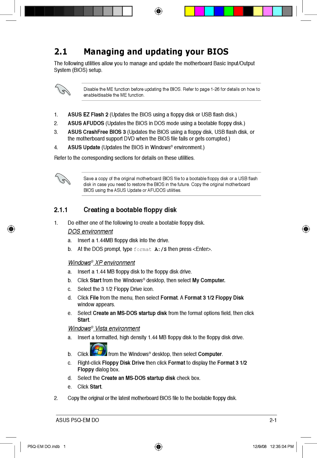 Asus P5Q-EM DO manual Managing and updating your Bios, Creating a bootable floppy disk, Start 