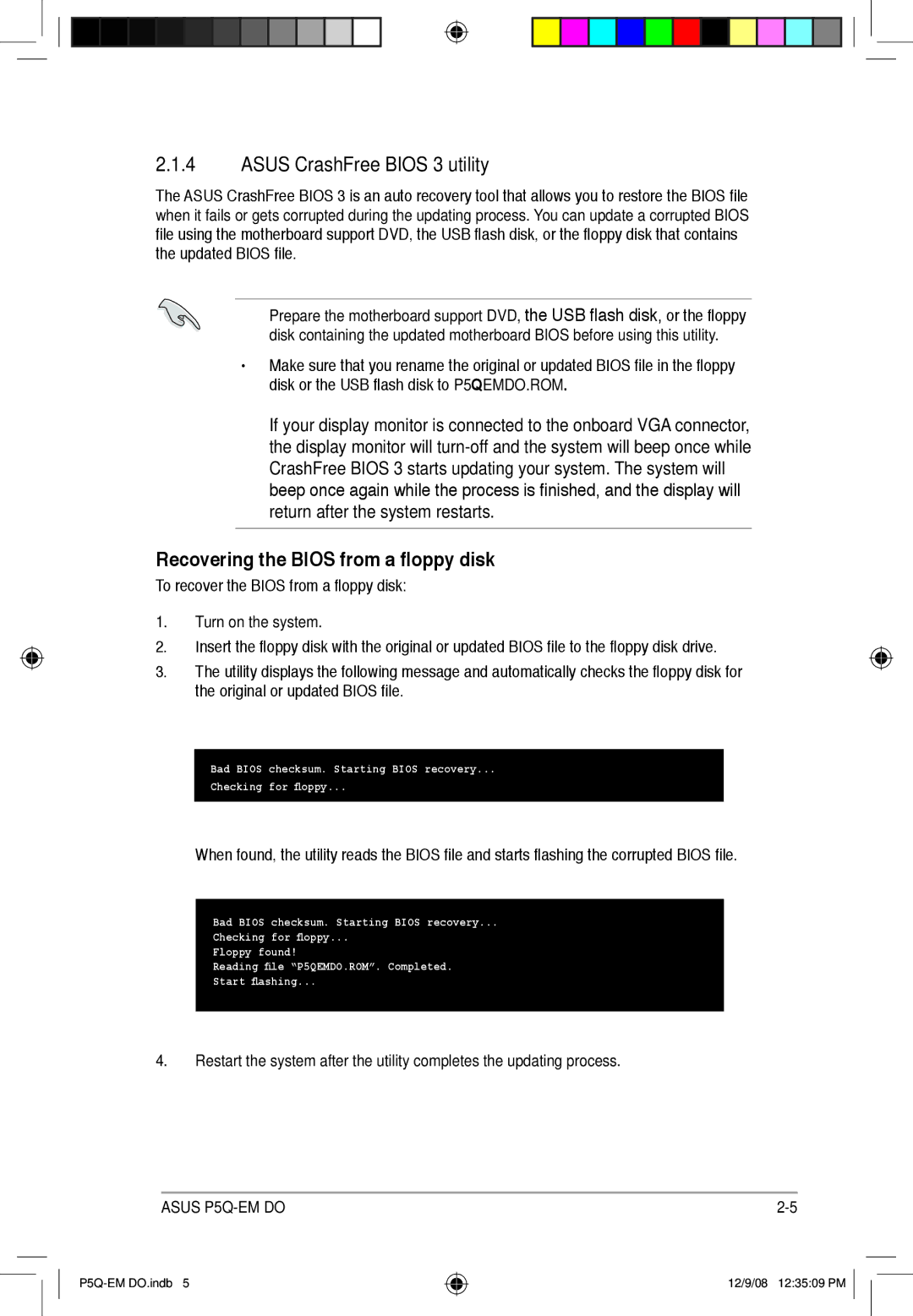 Asus P5Q-EM DO manual Asus CrashFree Bios 3 utility, Recovering the Bios from a floppy disk 