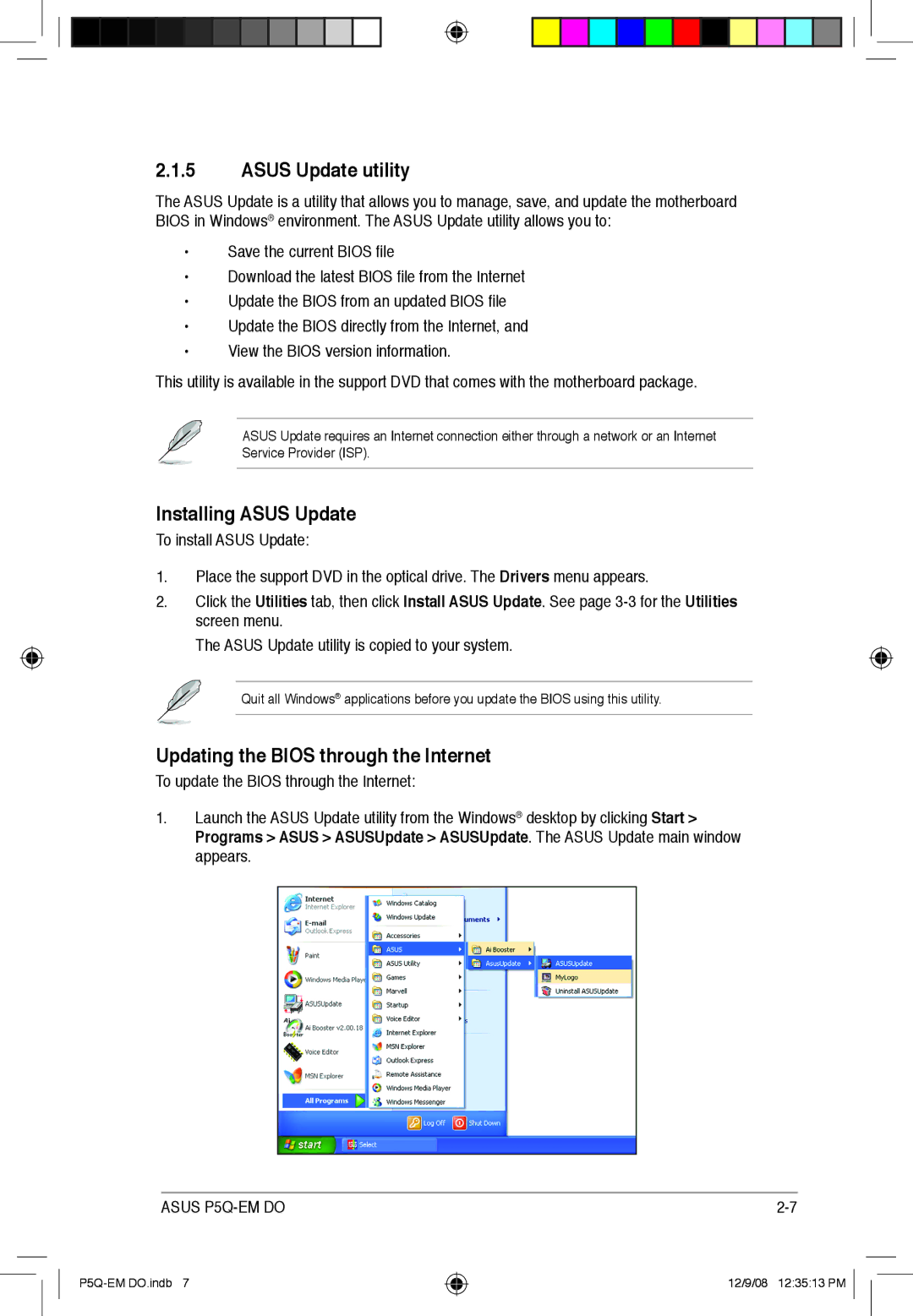 Asus P5Q-EM DO manual Asus Update utility, Installing Asus Update, Updating the Bios through the Internet 