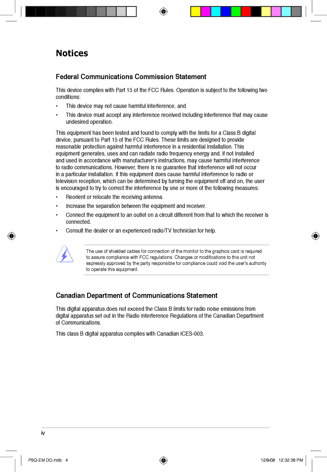 Asus P5Q-EM DO manual Federal Communications Commission Statement, Canadian Department of Communications Statement 