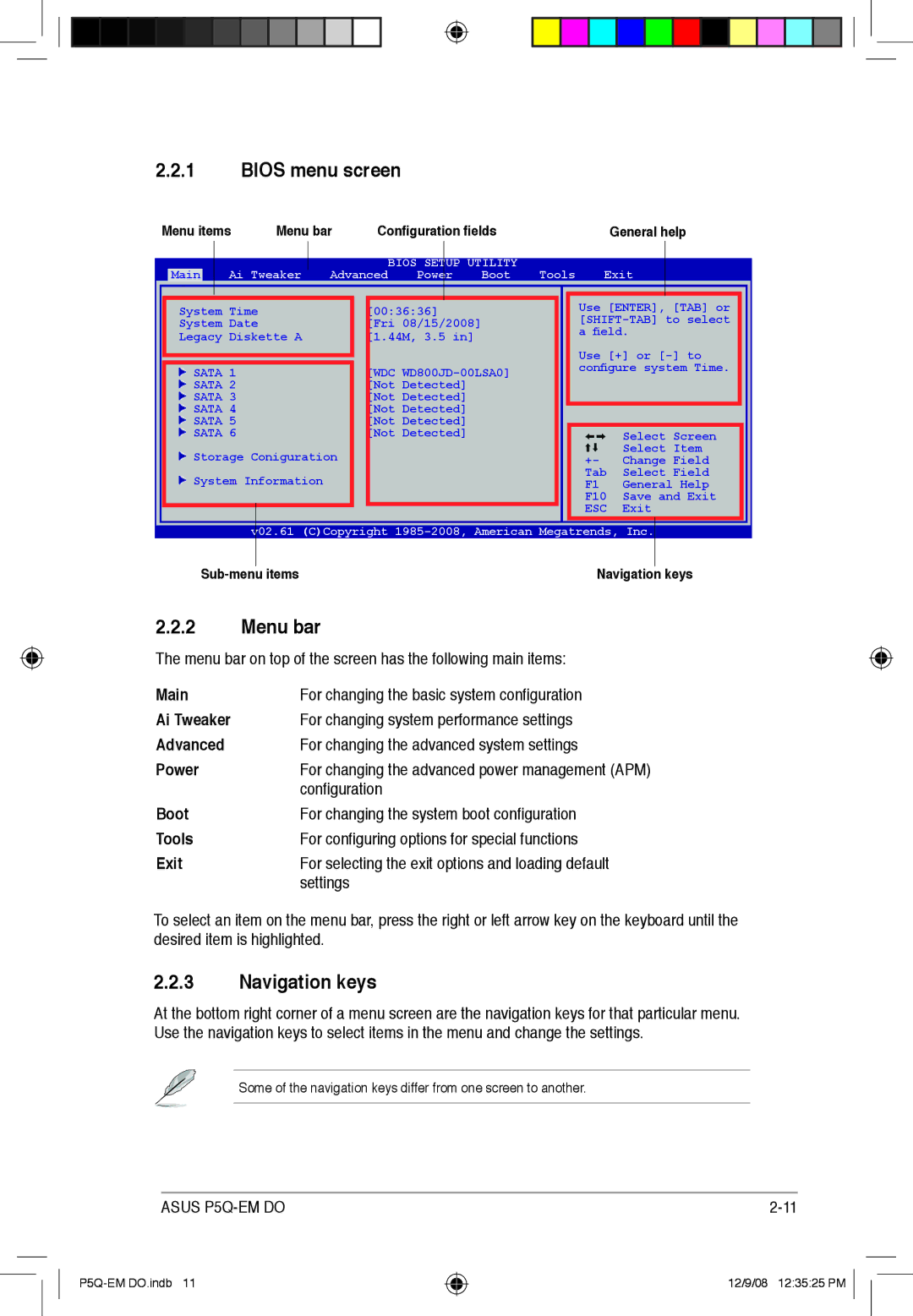 Asus P5Q-EM DO manual Bios menu screen, Menu bar, Navigation keys 