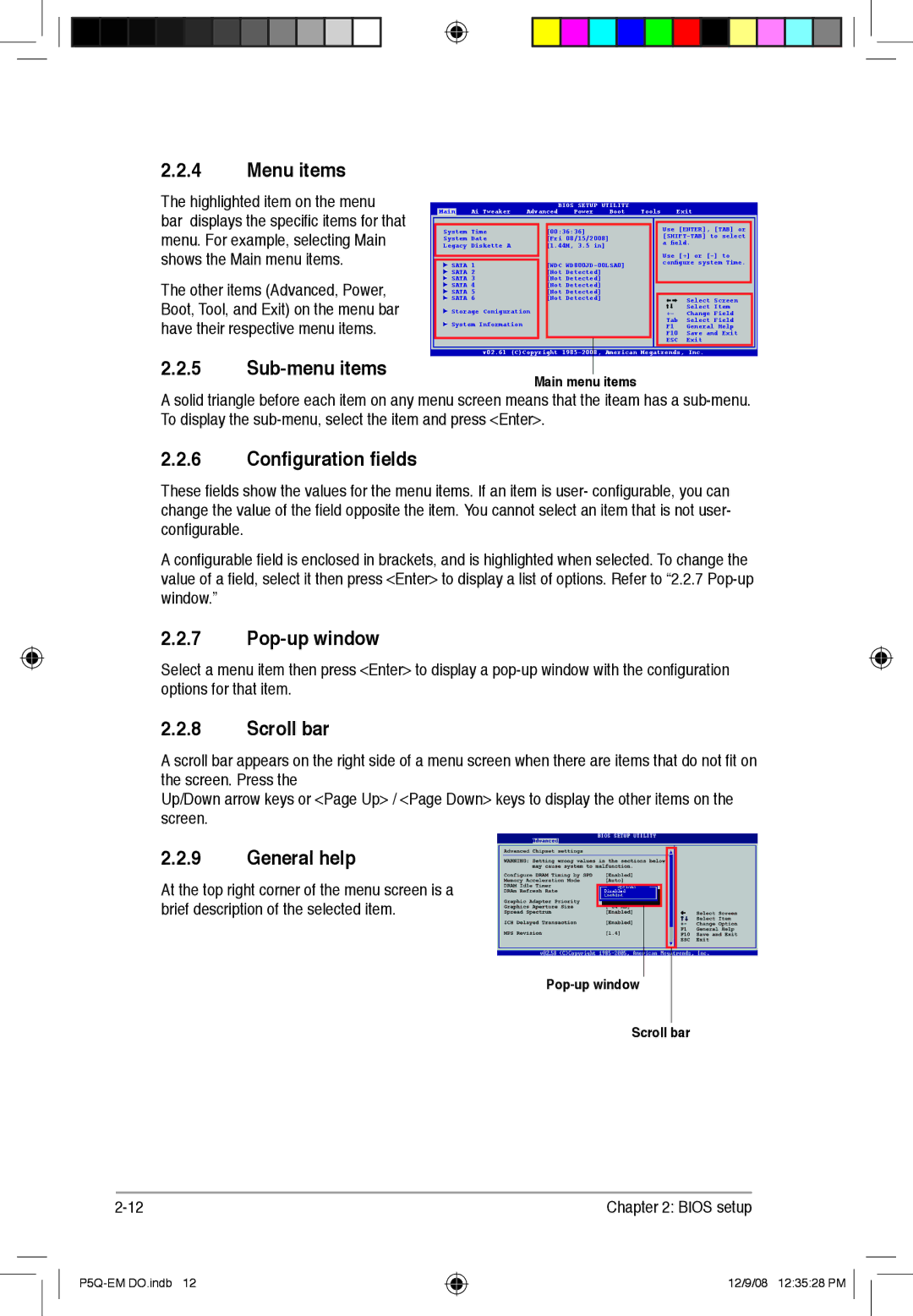 Asus P5Q-EM DO manual Configuration fields, Pop-up window, Scroll bar, General help 