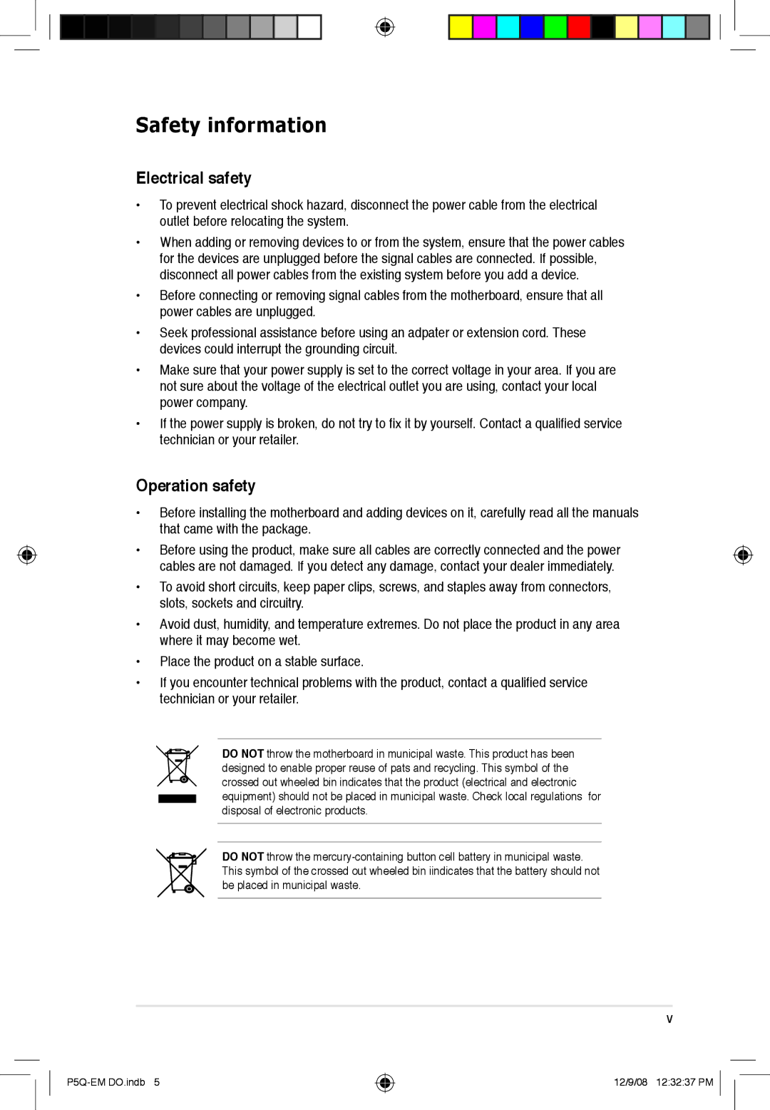 Asus P5Q-EM DO manual Safety information, Electrical safety, Operation safety 