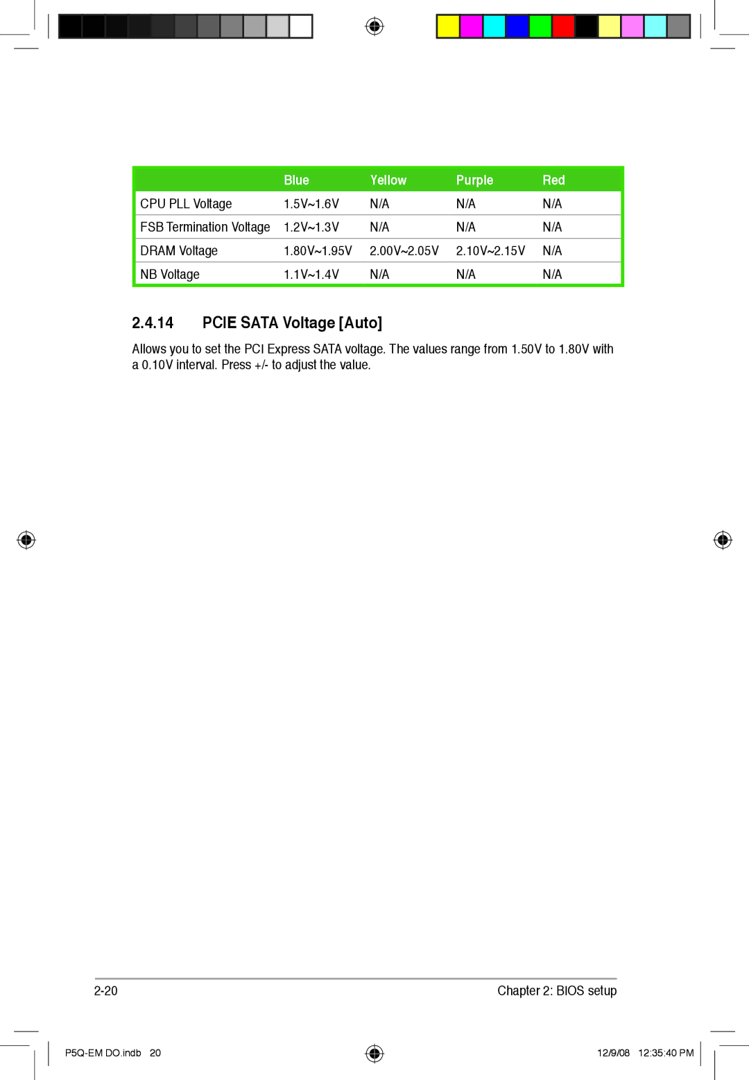 Asus P5Q-EM DO manual Pcie Sata Voltage Auto, Blue Yellow Purple Red 