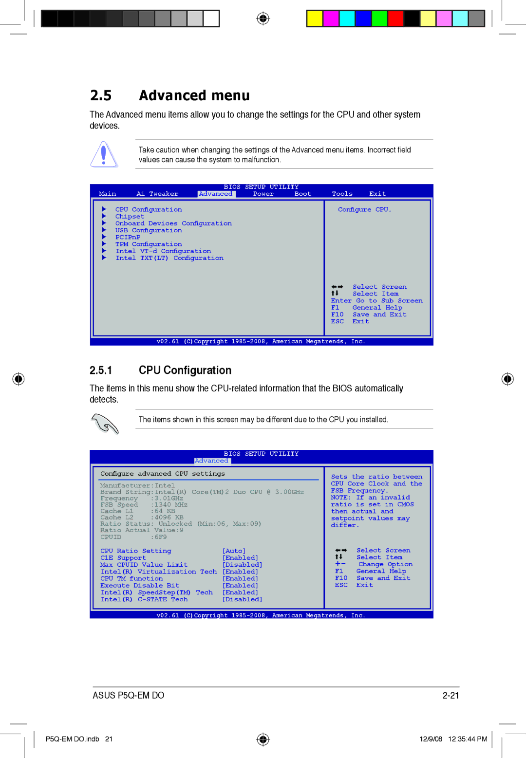 Asus P5Q-EM DO manual Advanced menu, CPU Configuration, Main Ai Tweaker 