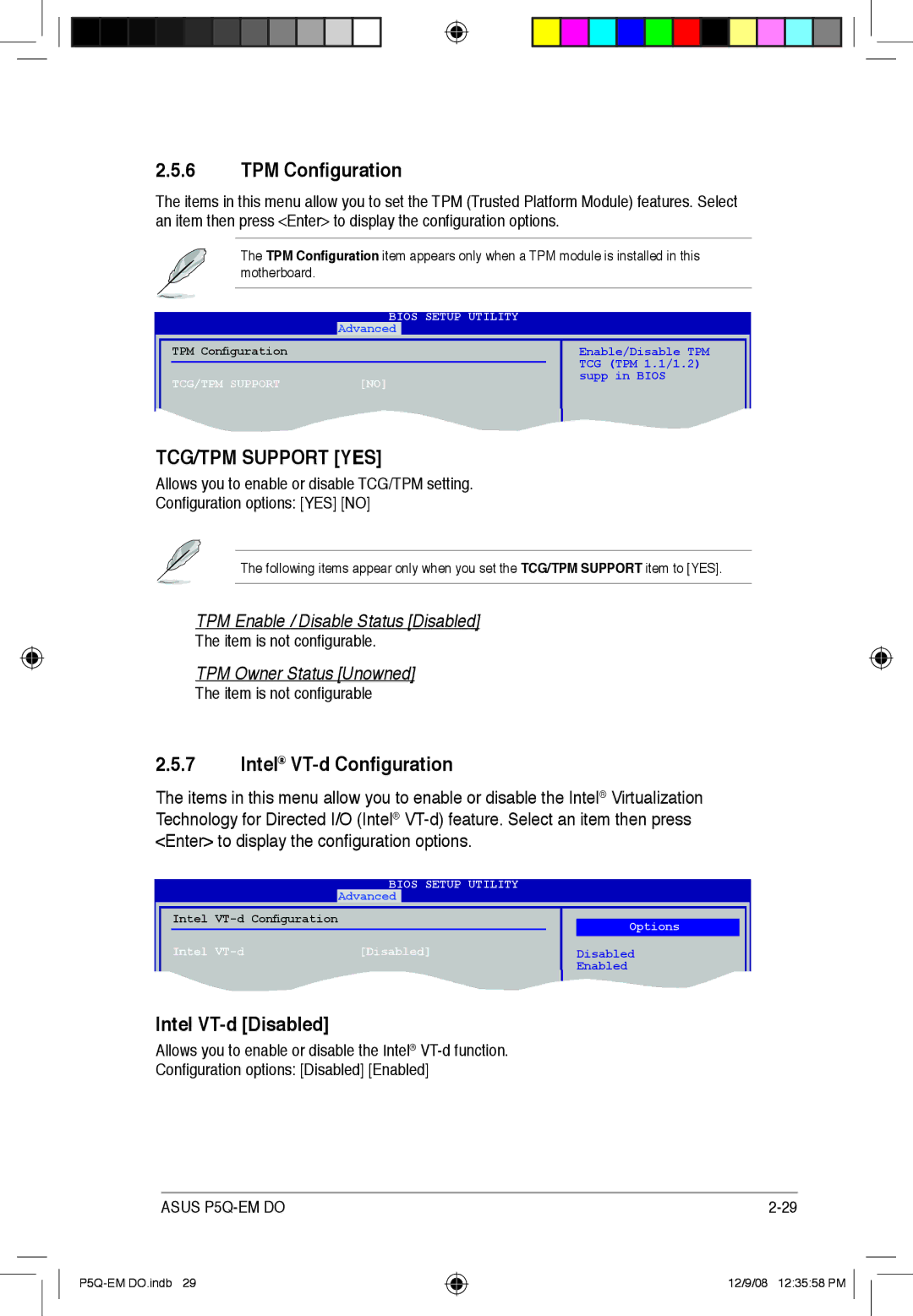 Asus P5Q-EM DO manual TPM Configuration, Intel VT-d Configuration, Intel VT-d Disabled 