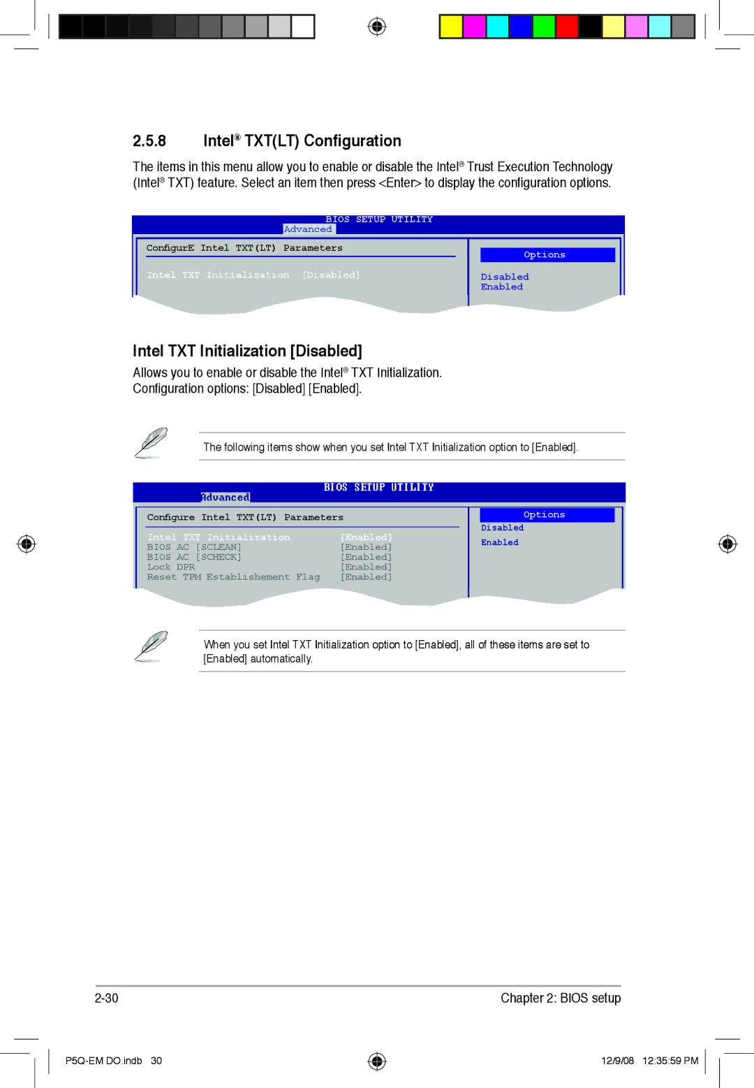 Asus P5Q-EM DO manual Intel Txtlt Configuration, Intel TXT Initialization Disabled Options 