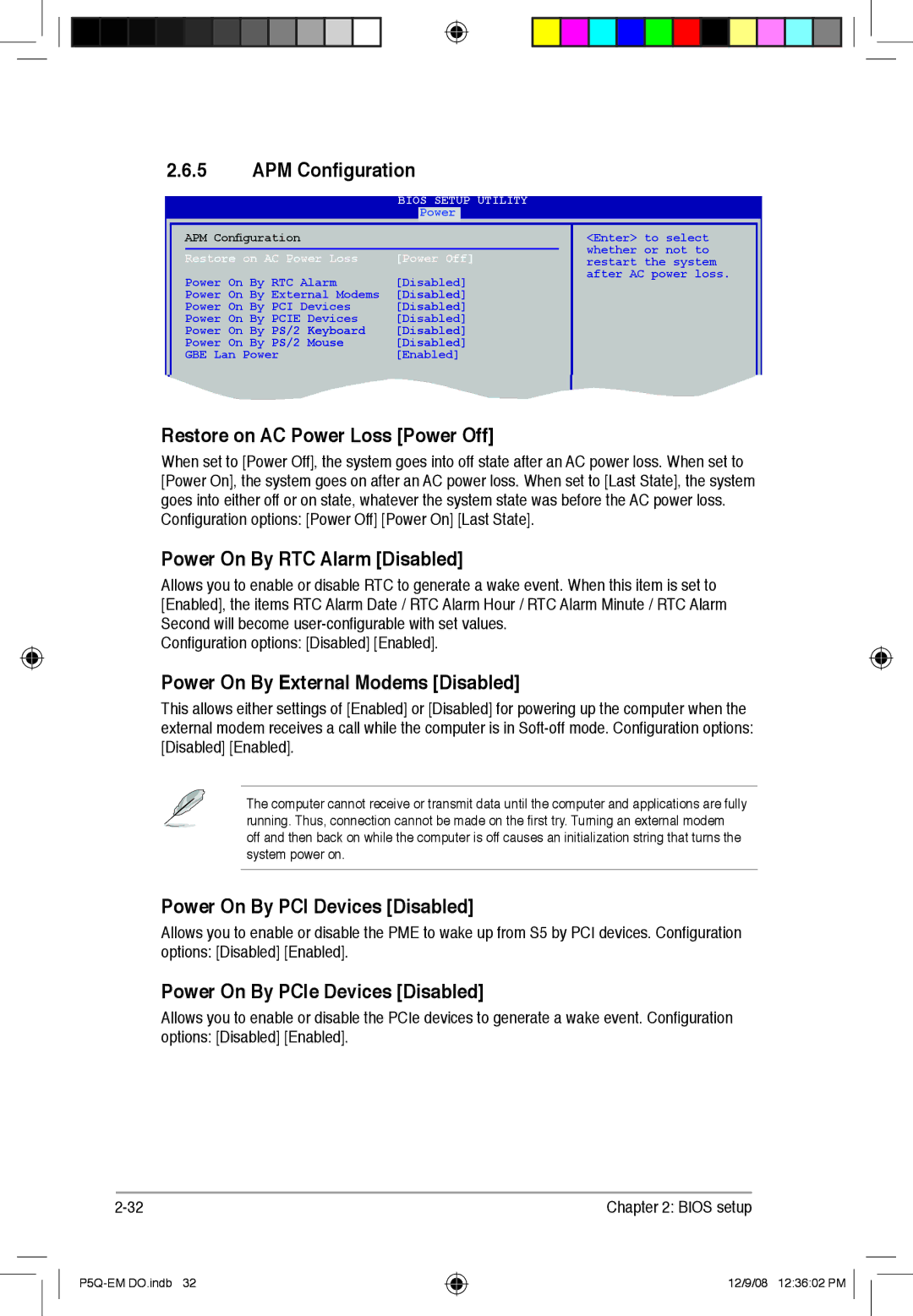 Asus P5Q-EM DO manual APM Configuration, Restore on AC Power Loss Power Off, Power On By RTC Alarm Disabled 