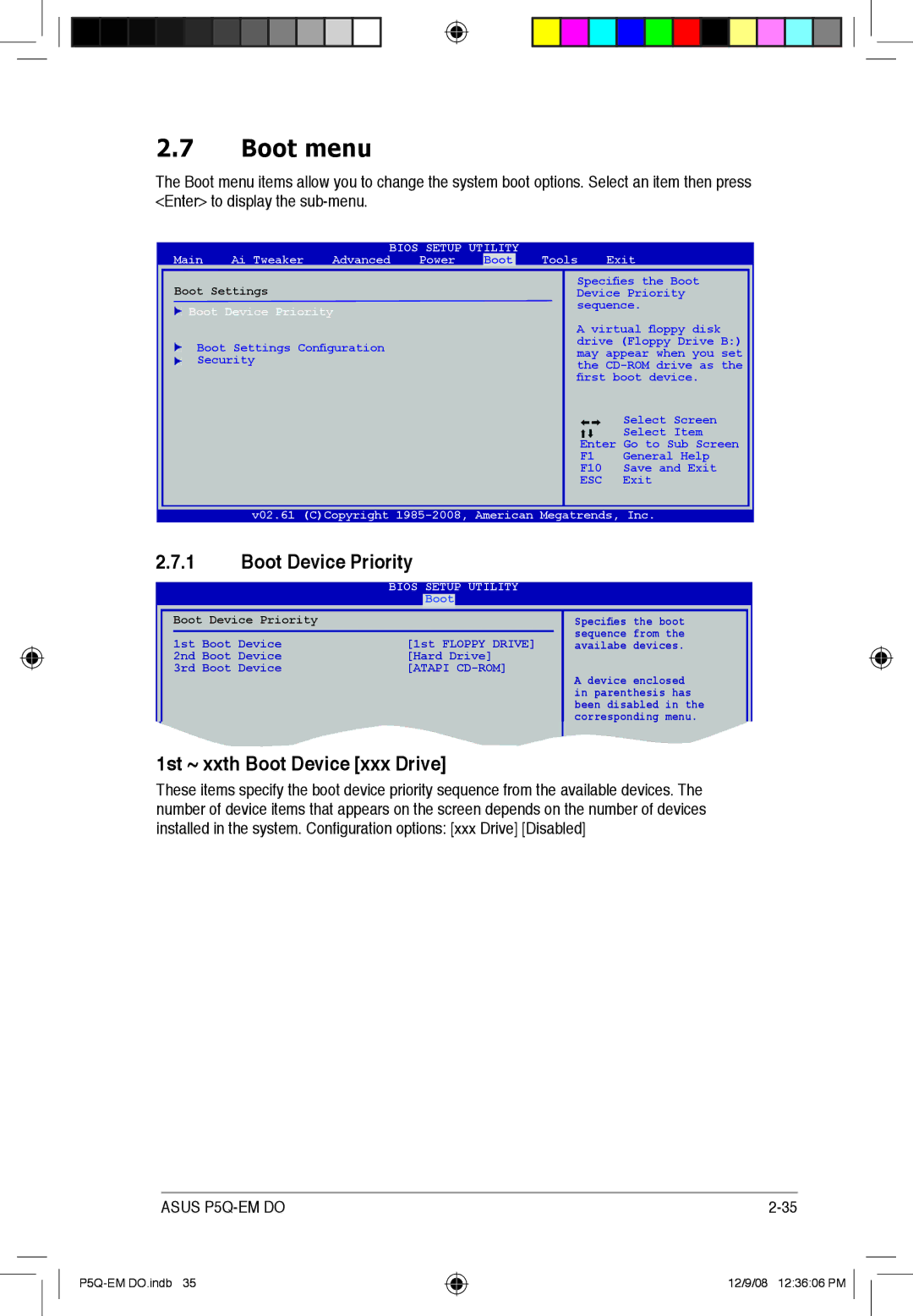 Asus P5Q-EM DO manual Boot menu, Boot Device Priority, 1st ~ xxth Boot Device xxx Drive 