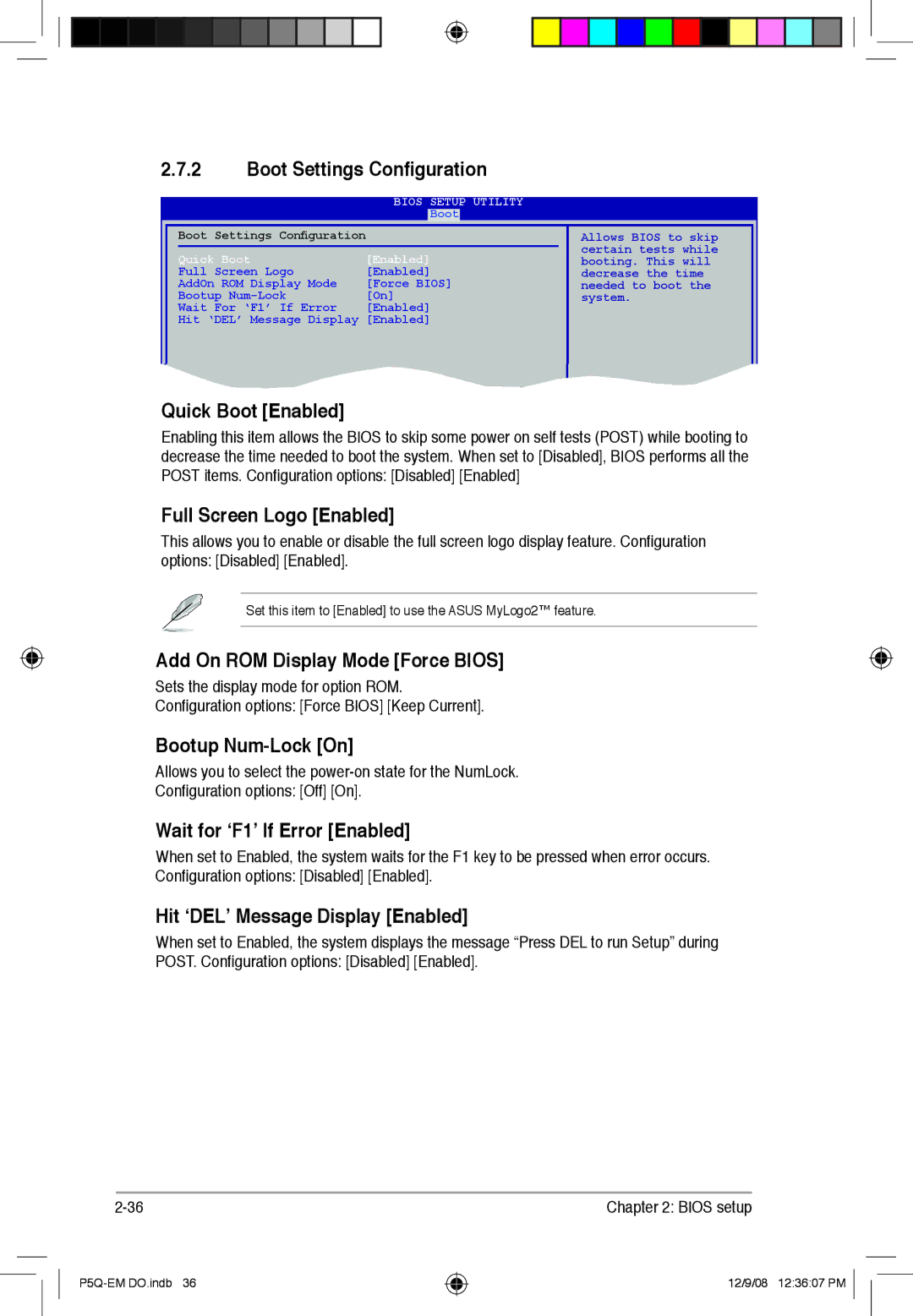 Asus P5Q-EM DO manual Boot Settings Configuration, Quick Boot Enabled, Full Screen Logo Enabled, Bootup Num-Lock On 