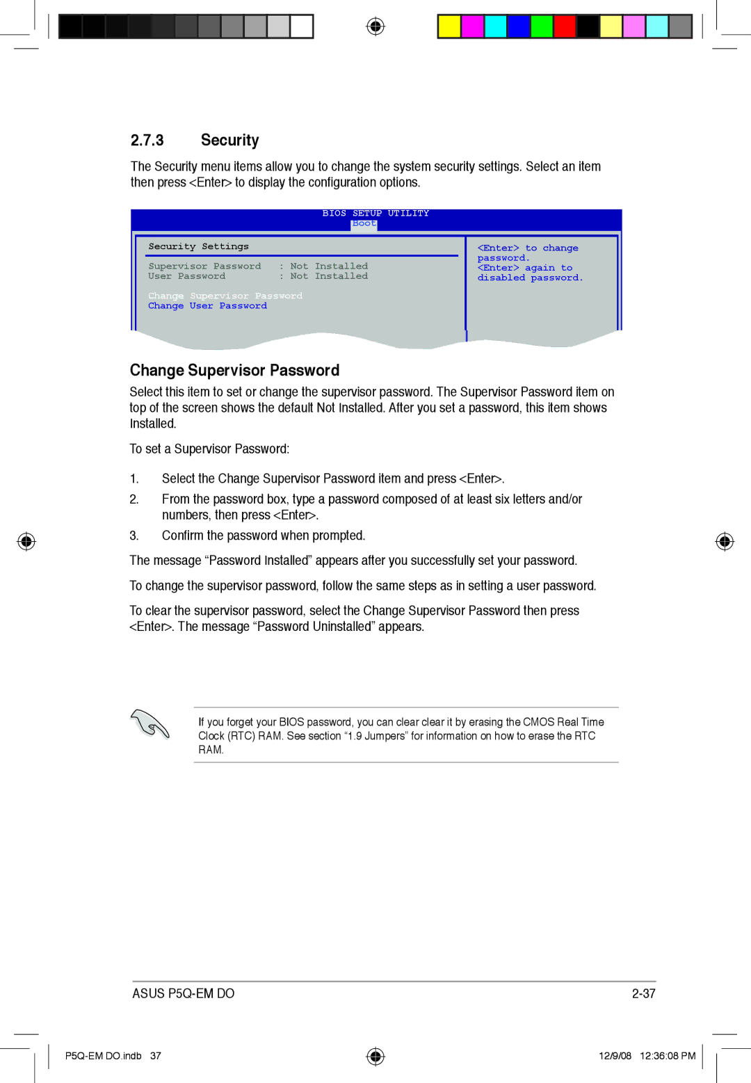 Asus P5Q-EM DO manual Security, Change Supervisor Password 