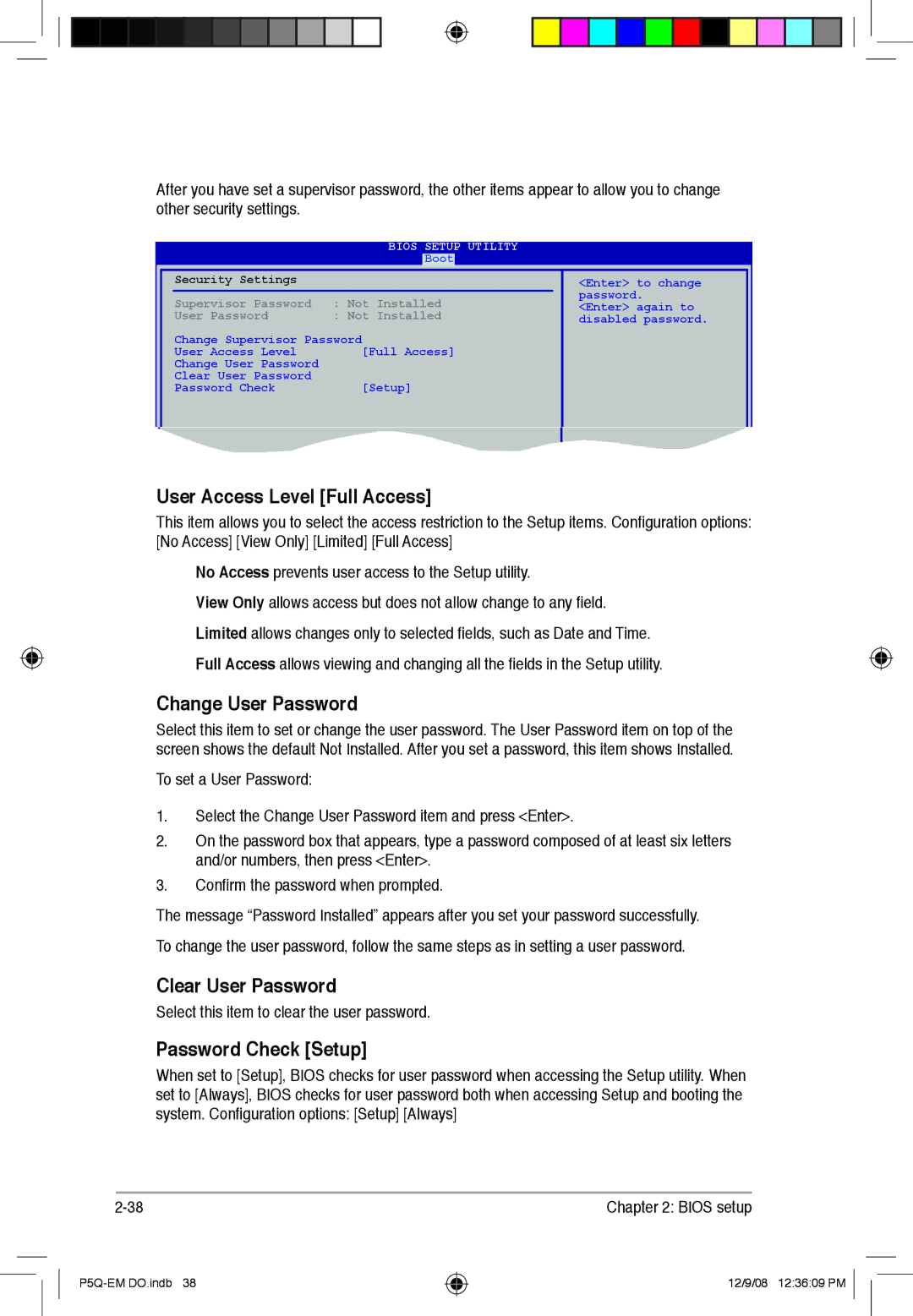 Asus P5Q-EM DO manual User Access Level Full Access, Change User Password, Clear User Password, Password Check Setup 