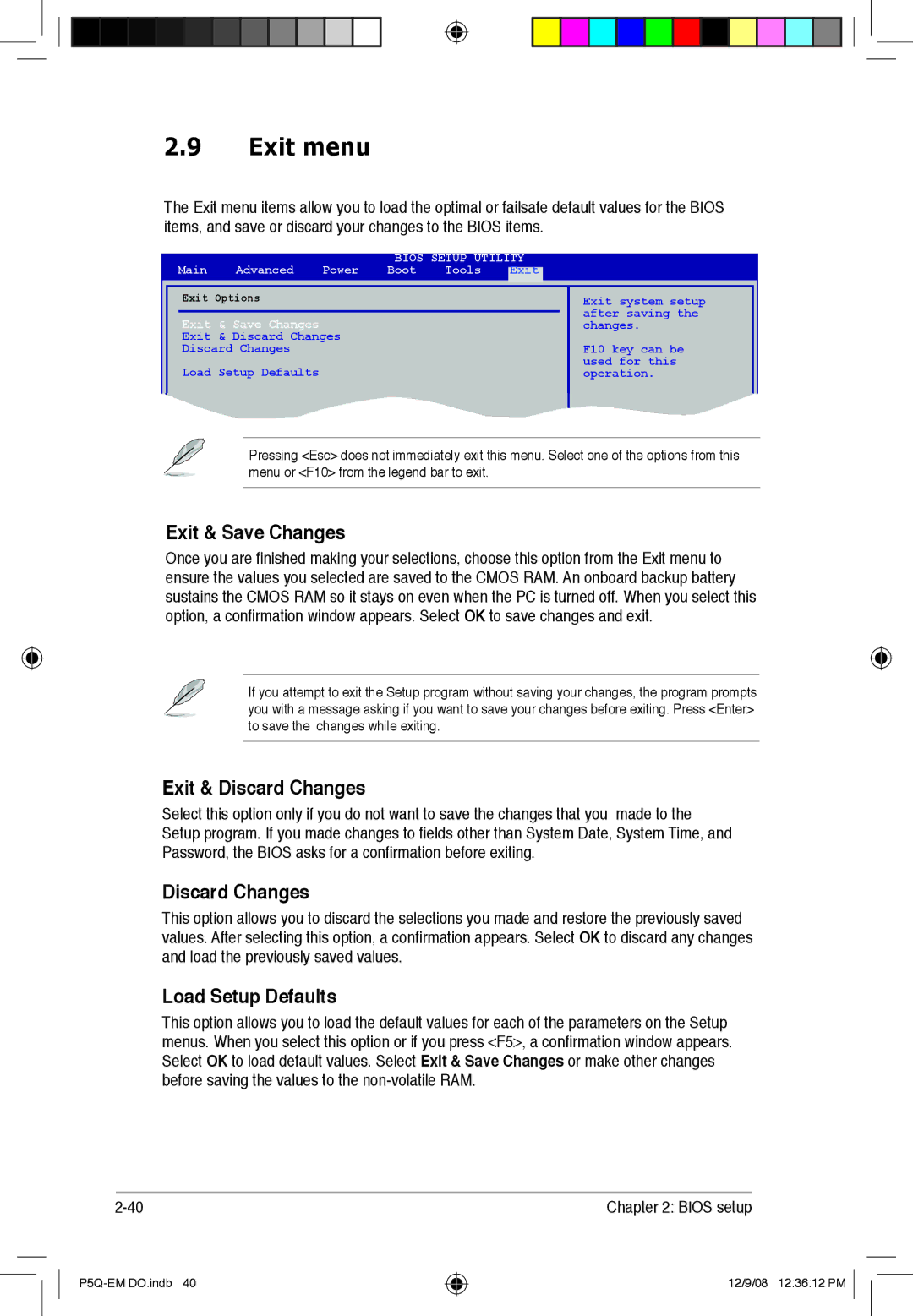 Asus P5Q-EM DO manual Exit menu, Exit & Save Changes, Exit & Discard Changes, Load Setup Defaults 