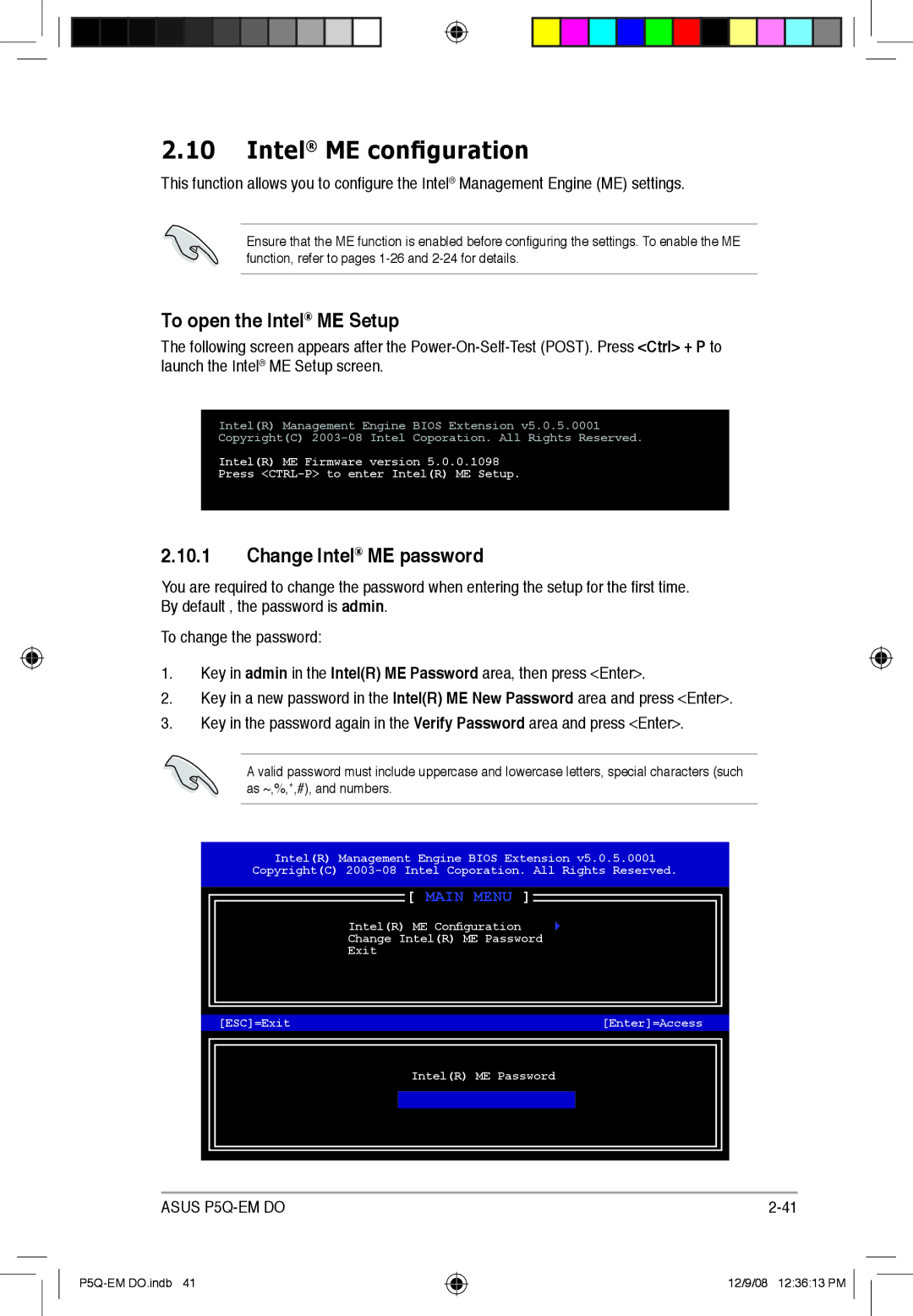 Asus P5Q-EM DO manual Intel ME configuration, To open the Intel ME Setup, Change Intel ME password 