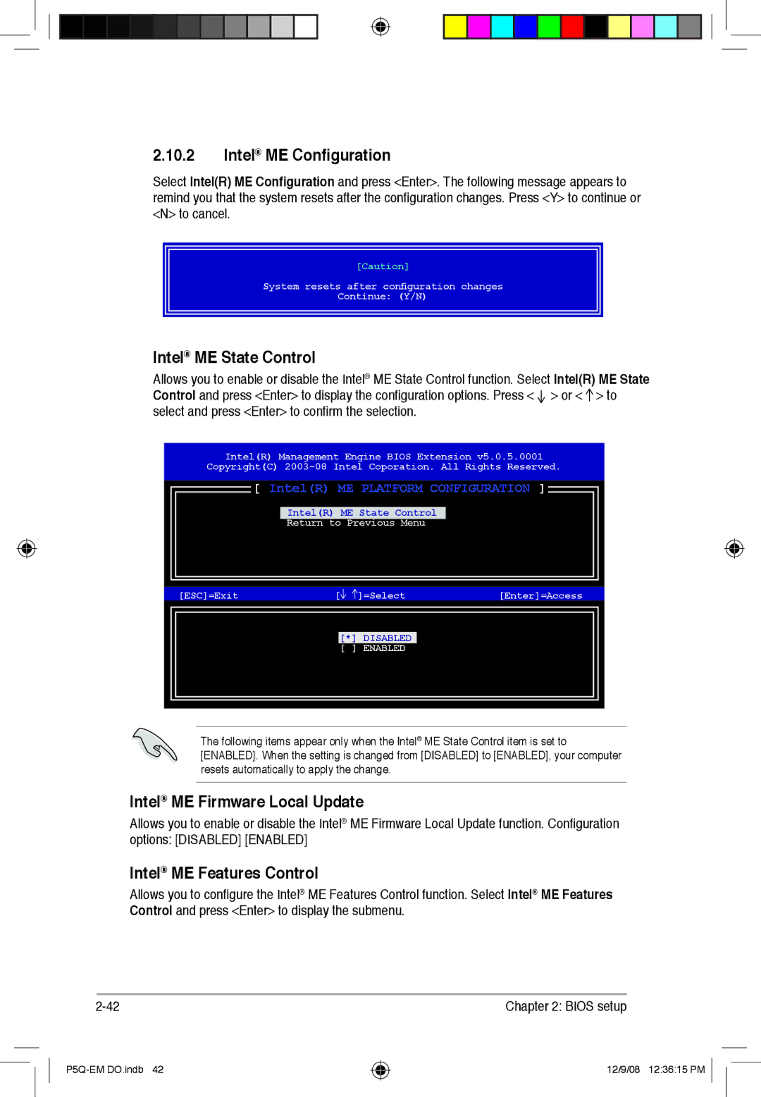 Asus P5Q-EM DO Intel ME Configuration, Intel ME State Control, Intel ME Firmware Local Update, Intel ME Features Control 