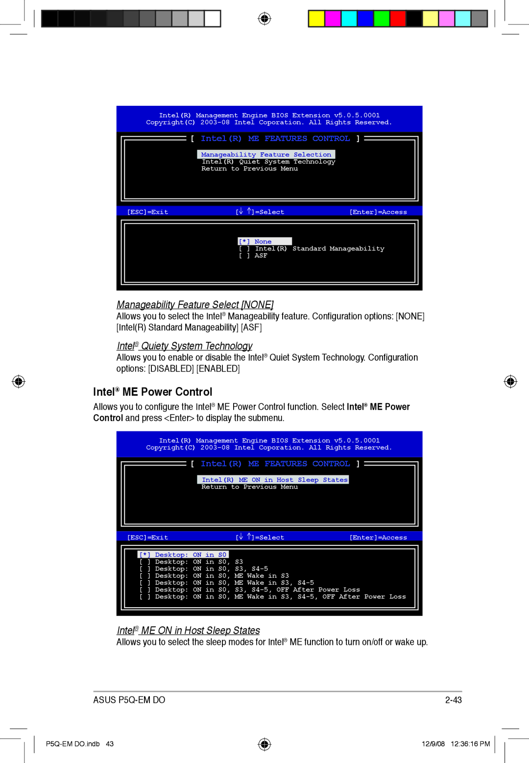 Asus P5Q-EM DO manual Intel ME Power Control, IntelR Standard Manageability ASF 