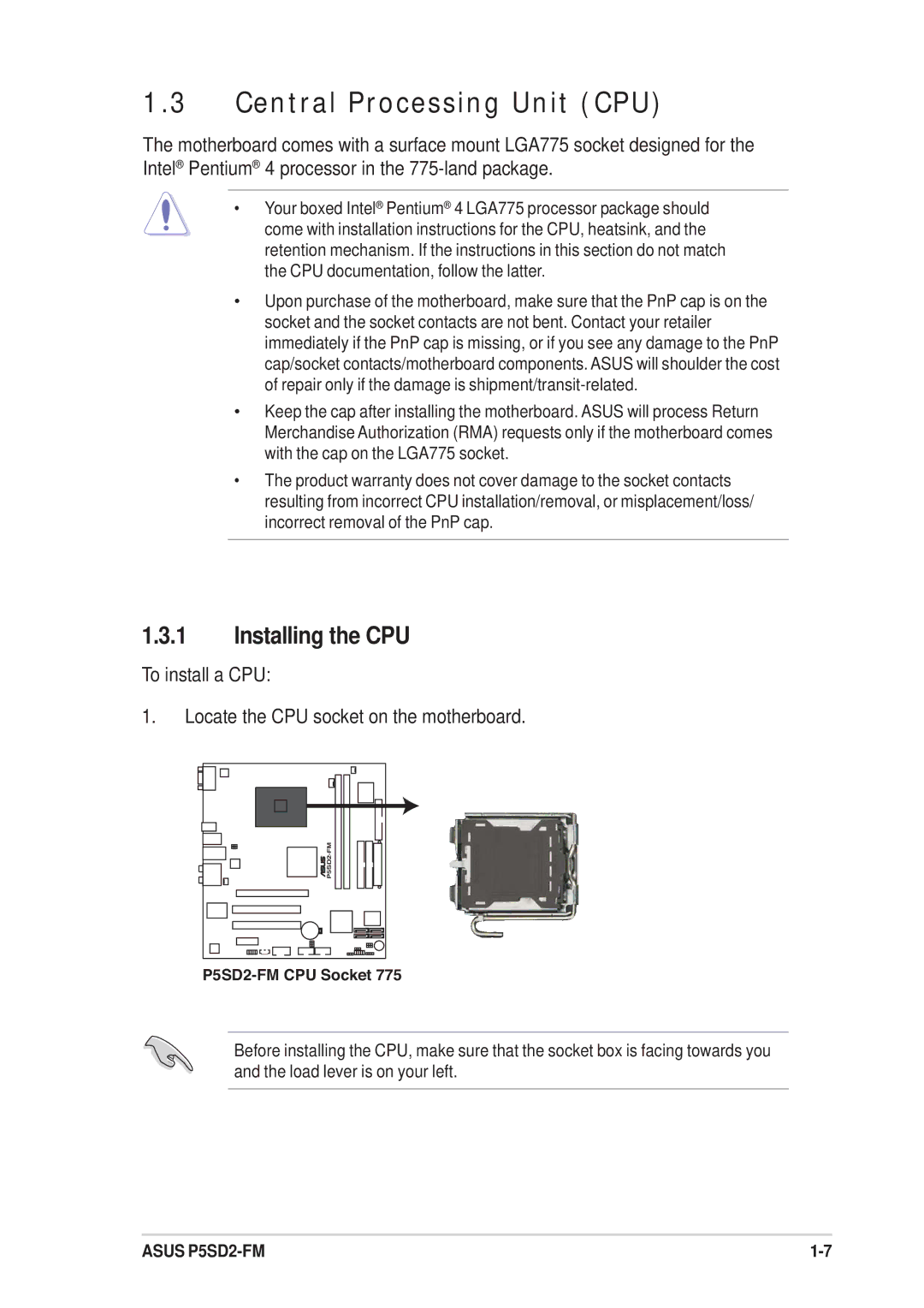 Asus P5SD2-FM manual Central Processing Unit CPU, Installing the CPU 