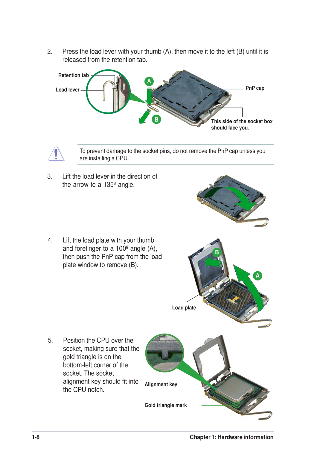 Asus P5SD2-FM manual Retention tab Load lever PnP cap 