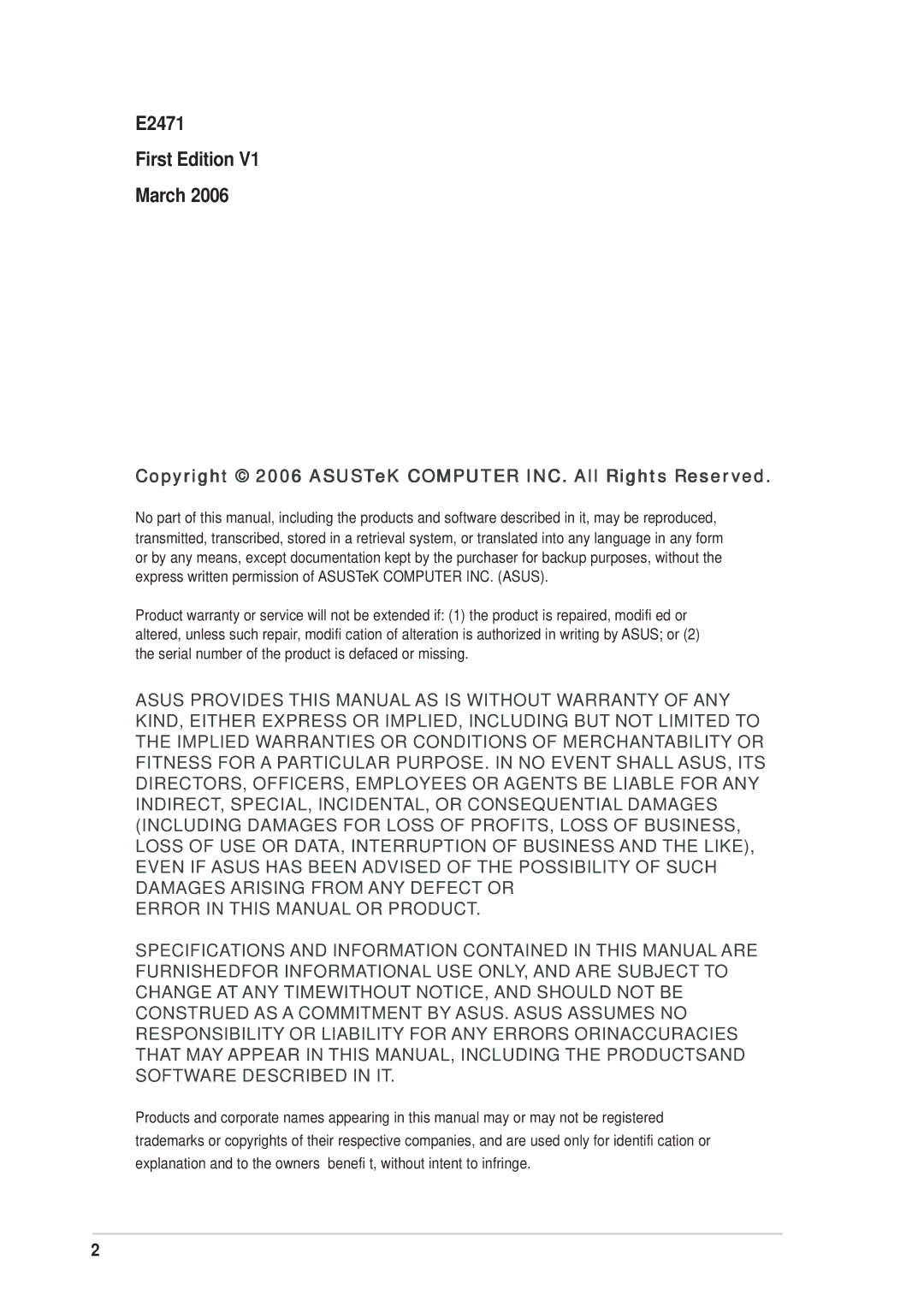 Asus P5SD2-FM manual E2471 First Edition March, Copyright 2006 ASUSTeK Computer INC. All Rights Reserved 