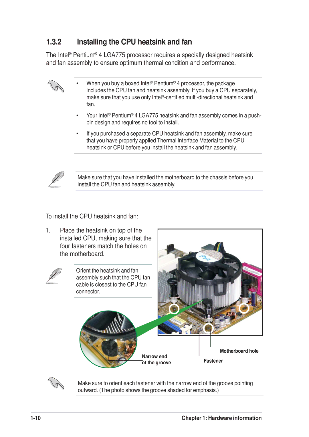 Asus P5SD2-FM manual Installing the CPU heatsink and fan 